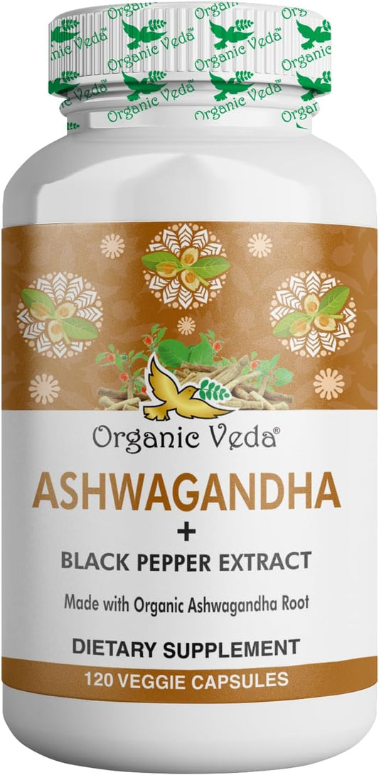 Organic Veda Ashwagandha Capsules 1500mg with Black Pepper Extract - Pure Organic Ashwagandha Root - Mood & Energy Support Supplement - 120 Veggie Caps
