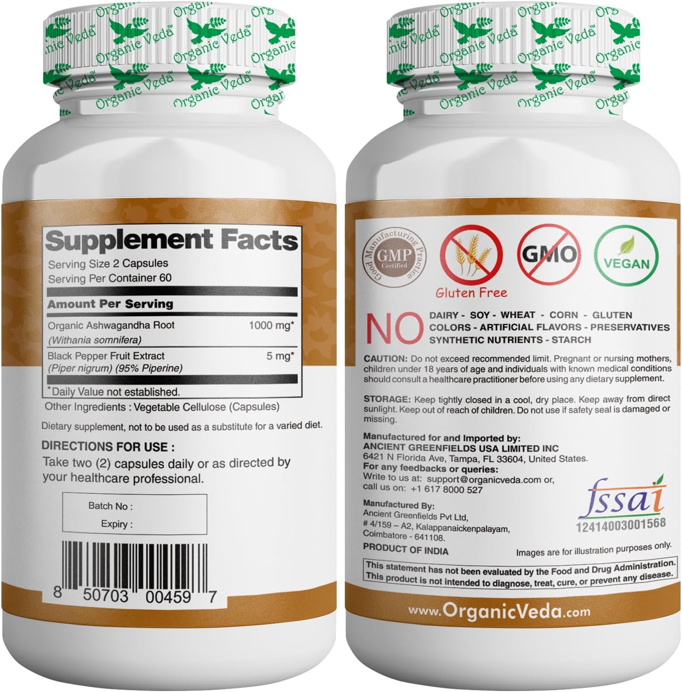 Organic Veda Ashwagandha Capsules 1500mg with Black Pepper Extract - Pure Organic Ashwagandha Root - Mood & Energy Support Supplement - 120 Veggie Caps