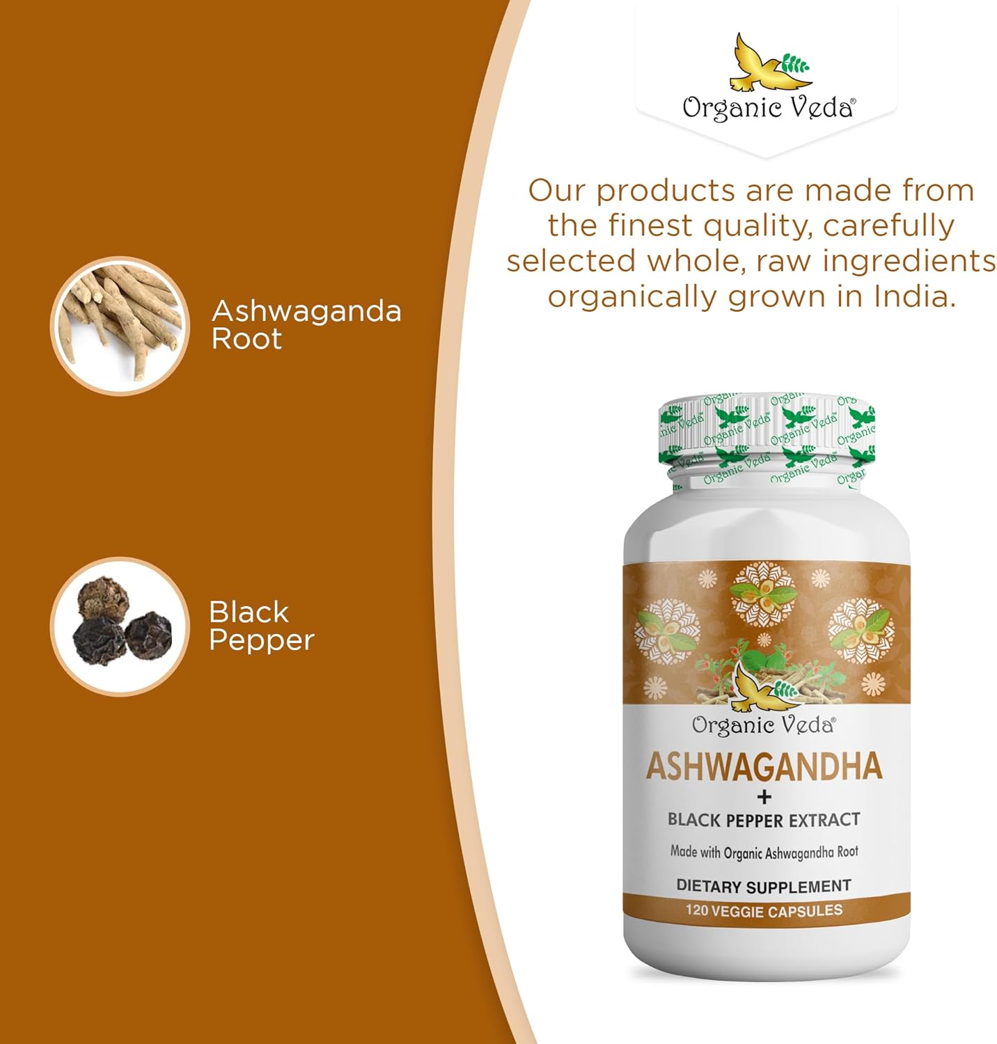 Organic Veda Ashwagandha Capsules 1500mg with Black Pepper Extract - Pure Organic Ashwagandha Root - Mood & Energy Support Supplement - 120 Veggie Caps