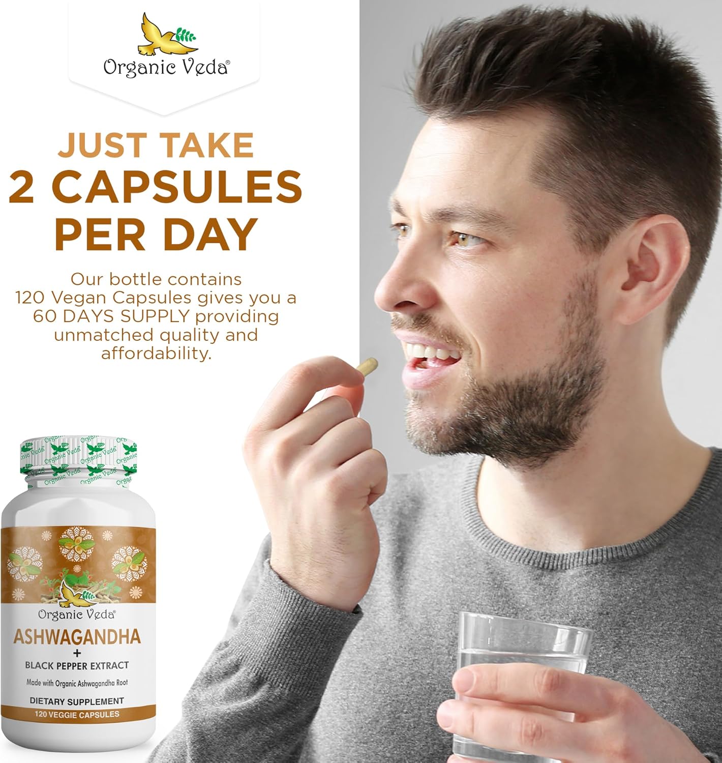 Organic Veda Ashwagandha Capsules 1500mg with Black Pepper Extract - Pure Organic Ashwagandha Root - Mood & Energy Support Supplement - 120 Veggie Caps