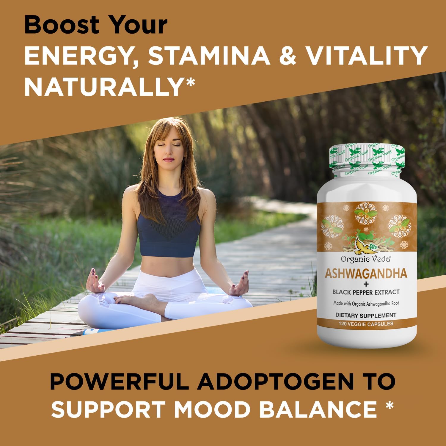 Organic Veda Ashwagandha Capsules 1500mg with Black Pepper Extract - Pure Organic Ashwagandha Root - Mood & Energy Support Supplement - 120 Veggie Caps