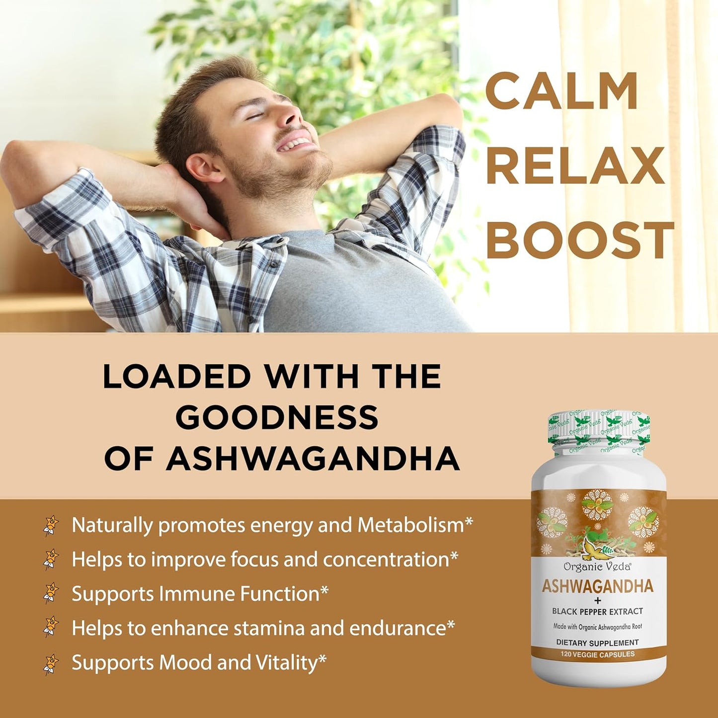 Organic Veda Ashwagandha Capsules 1500mg with Black Pepper Extract - Pure Organic Ashwagandha Root - Mood & Energy Support Supplement - 120 Veggie Caps