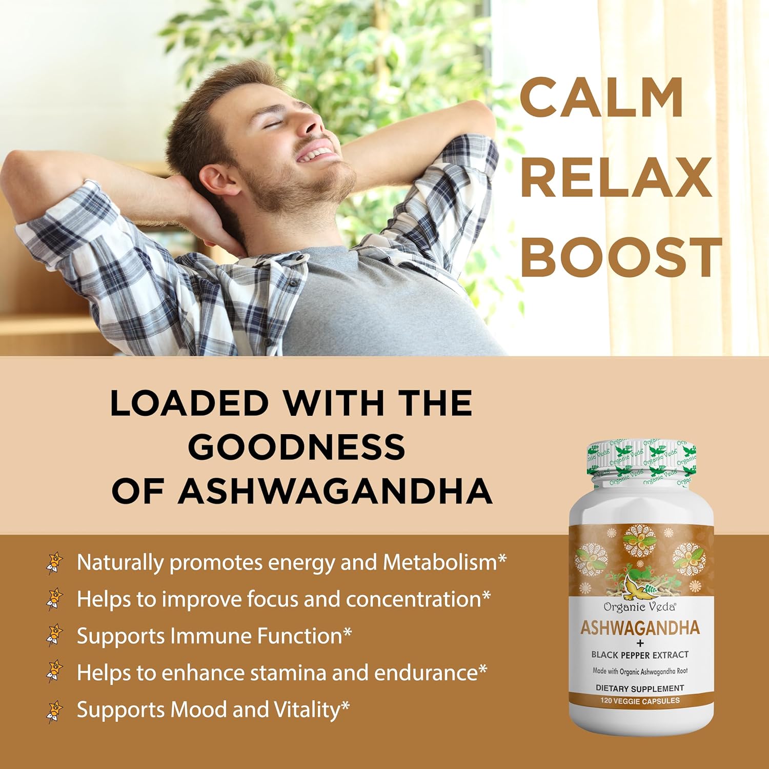 Organic Veda Ashwagandha Capsules 1500mg with Black Pepper Extract - Pure Organic Ashwagandha Root - Mood & Energy Support Supplement - 120 Veggie Caps