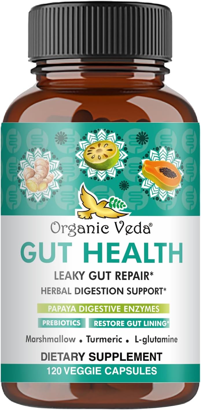 Organic Veda Marshmallow Turmeric Gut Supplement for Digestion Health - Repair, Cleanse & Support - 120 Capsules with Enzymes, Prebiotics, L-Glutamine, Green Banana, Psyllium Husk