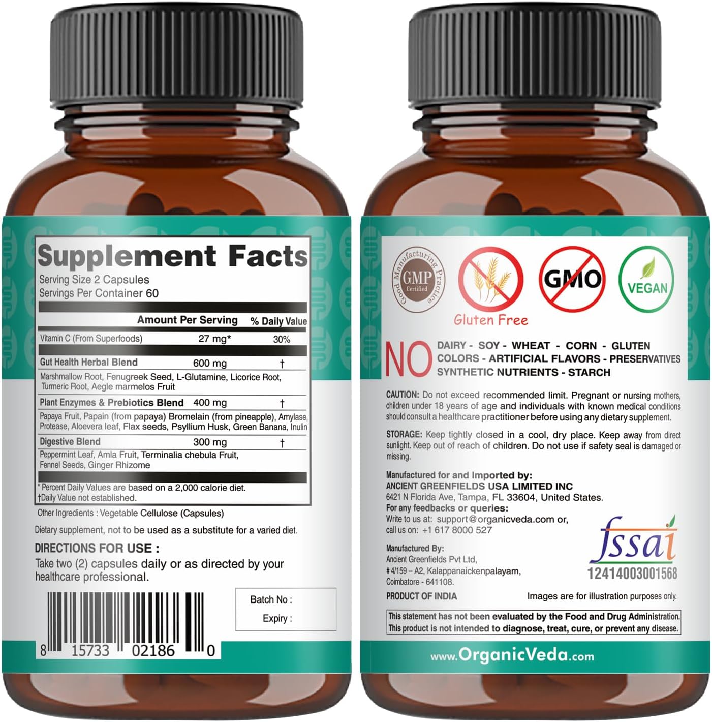 Organic Veda Marshmallow Turmeric Gut Supplement for Digestion Health - Repair, Cleanse & Support - 120 Capsules with Enzymes, Prebiotics, L-Glutamine, Green Banana, Psyllium Husk