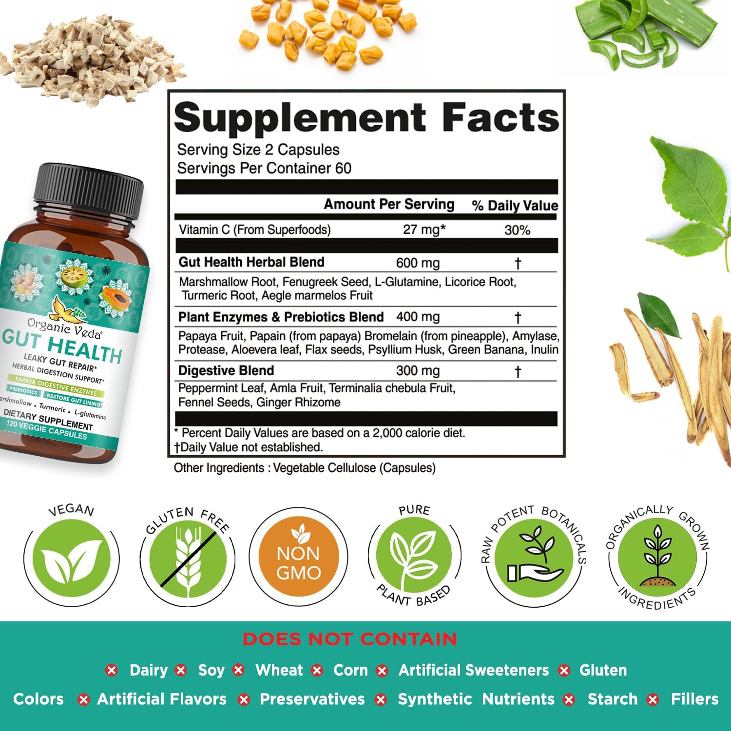 Organic Veda Marshmallow Turmeric Gut Supplement for Digestion Health - Repair, Cleanse & Support - 120 Capsules with Enzymes, Prebiotics, L-Glutamine, Green Banana, Psyllium Husk