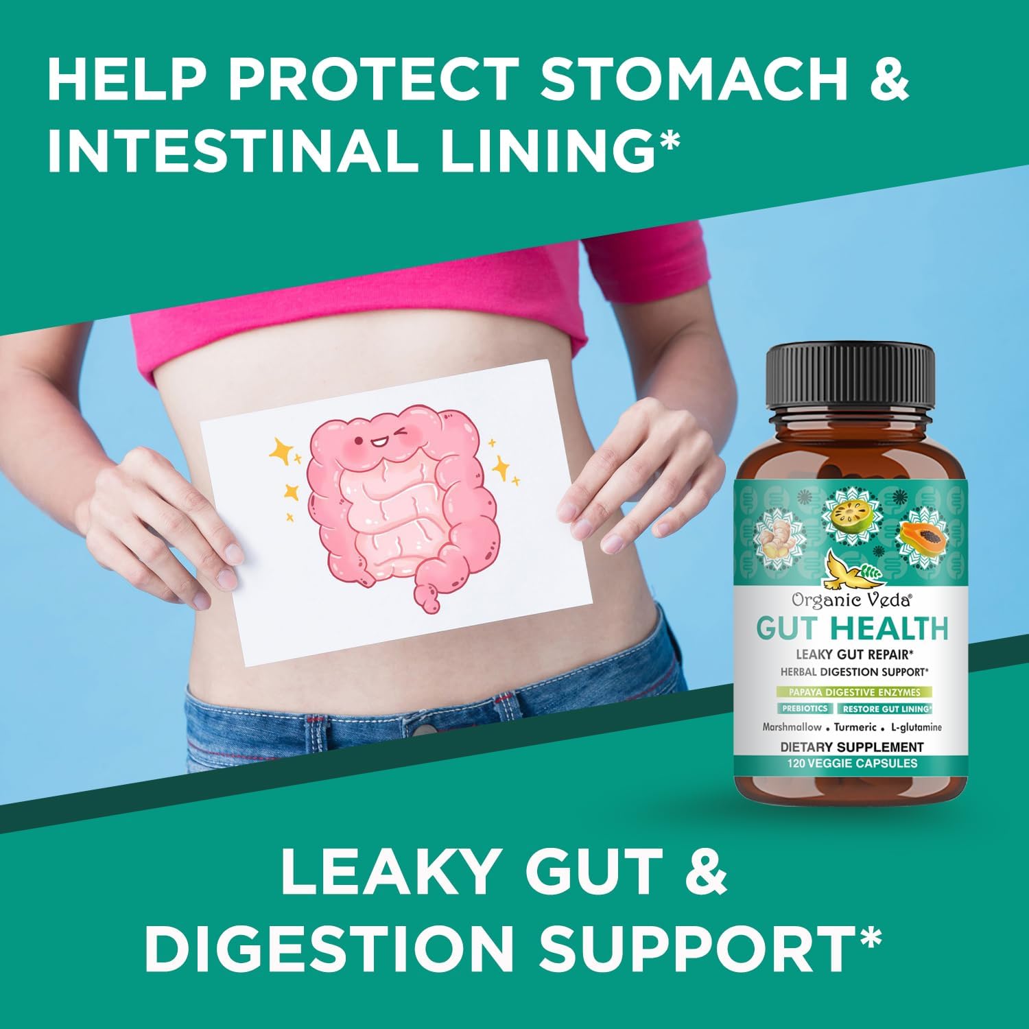 Organic Veda Marshmallow Turmeric Gut Supplement for Digestion Health - Repair, Cleanse & Support - 120 Capsules with Enzymes, Prebiotics, L-Glutamine, Green Banana, Psyllium Husk