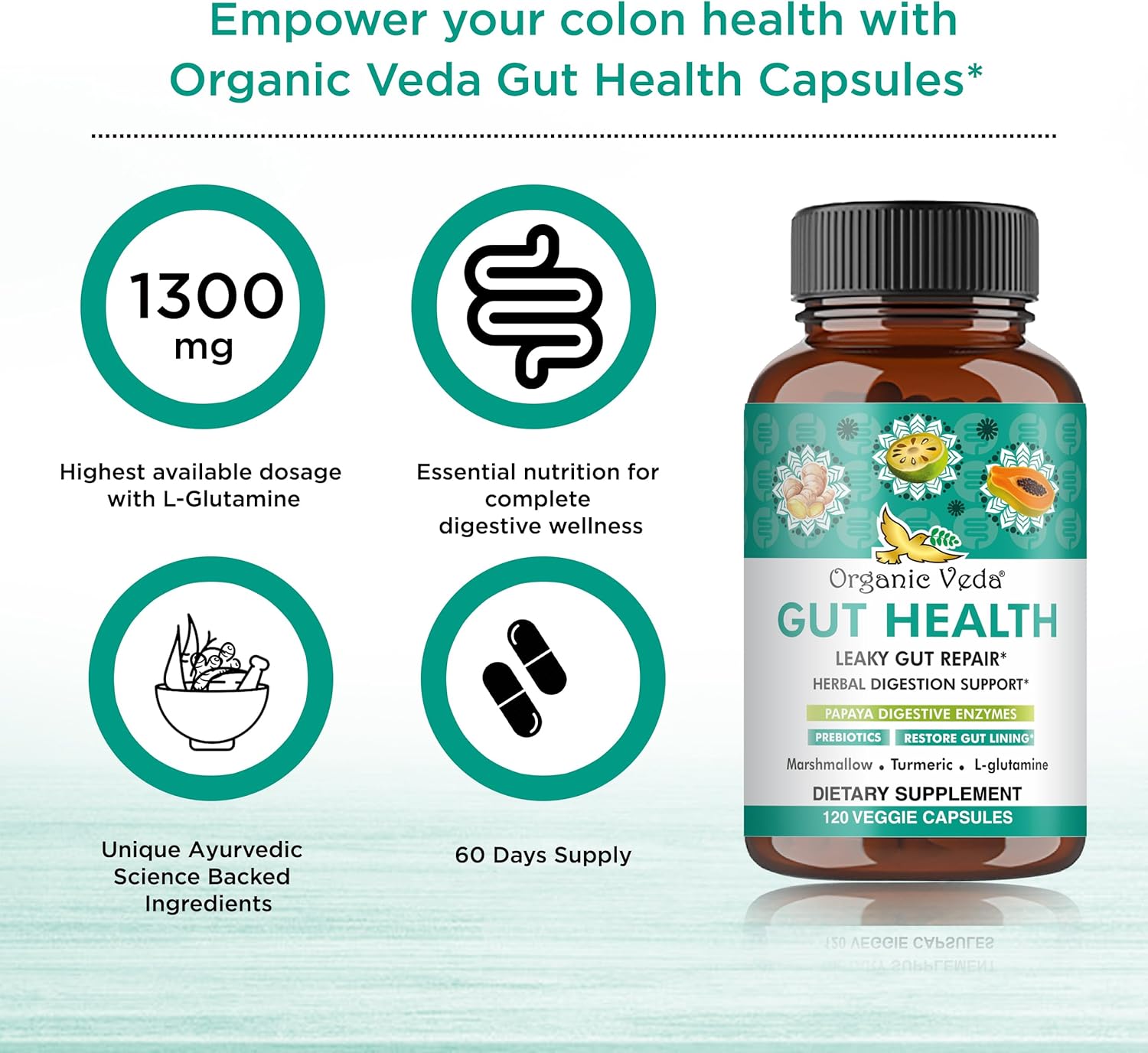 Organic Veda Marshmallow Turmeric Gut Supplement for Digestion Health - Repair, Cleanse & Support - 120 Capsules with Enzymes, Prebiotics, L-Glutamine, Green Banana, Psyllium Husk