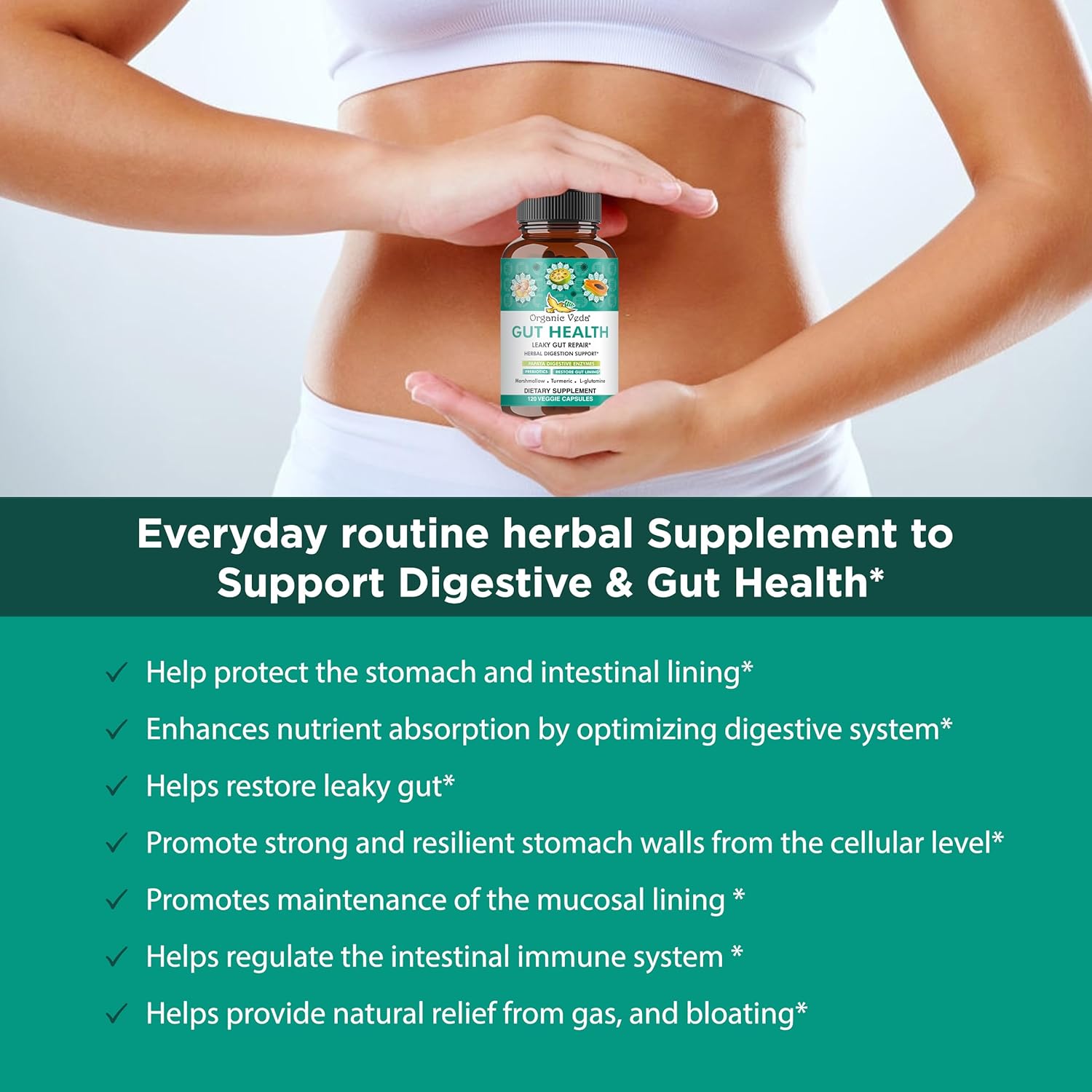 Organic Veda Marshmallow Turmeric Gut Supplement for Digestion Health - Repair, Cleanse & Support - 120 Capsules with Enzymes, Prebiotics, L-Glutamine, Green Banana, Psyllium Husk