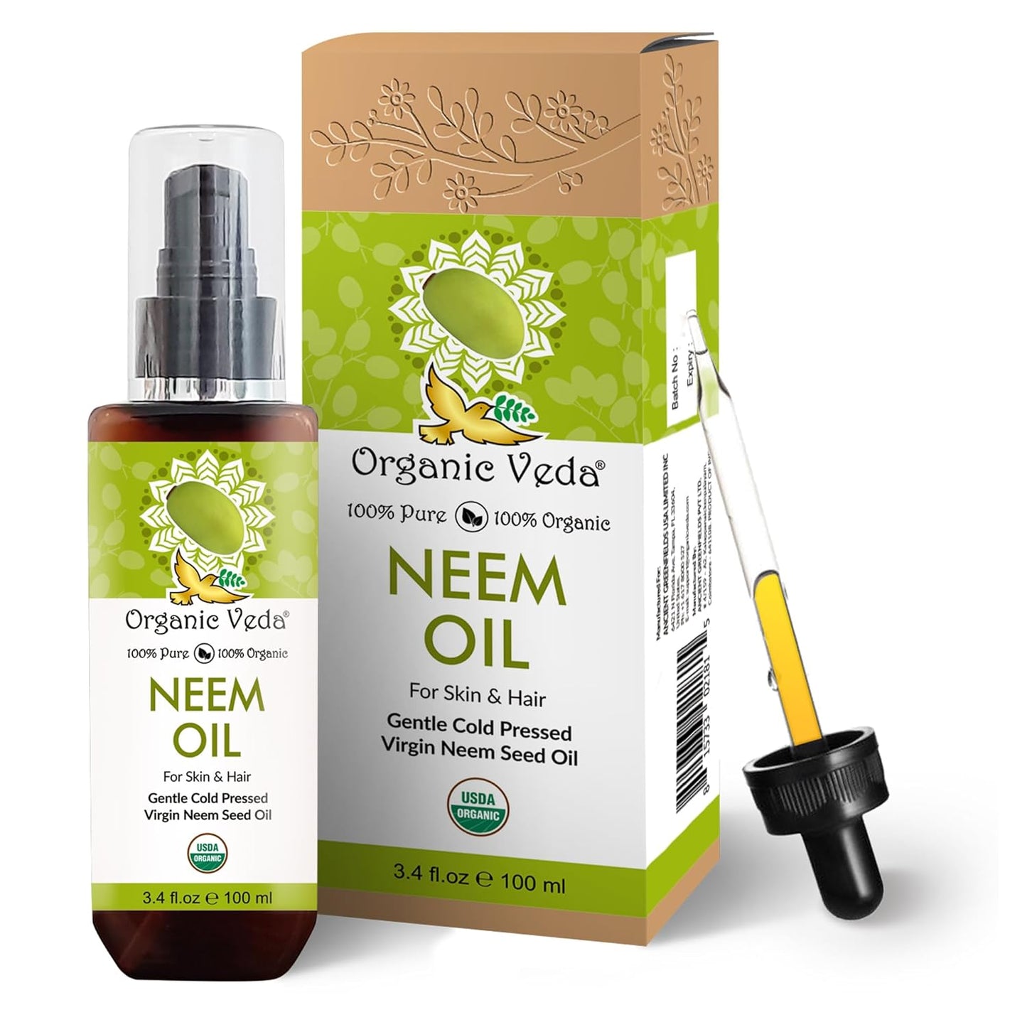 Organic Veda Neem Oil - Cold Pressed Natural Moisturizer for Skin, Hair, Face, Body - 3.4 fl oz