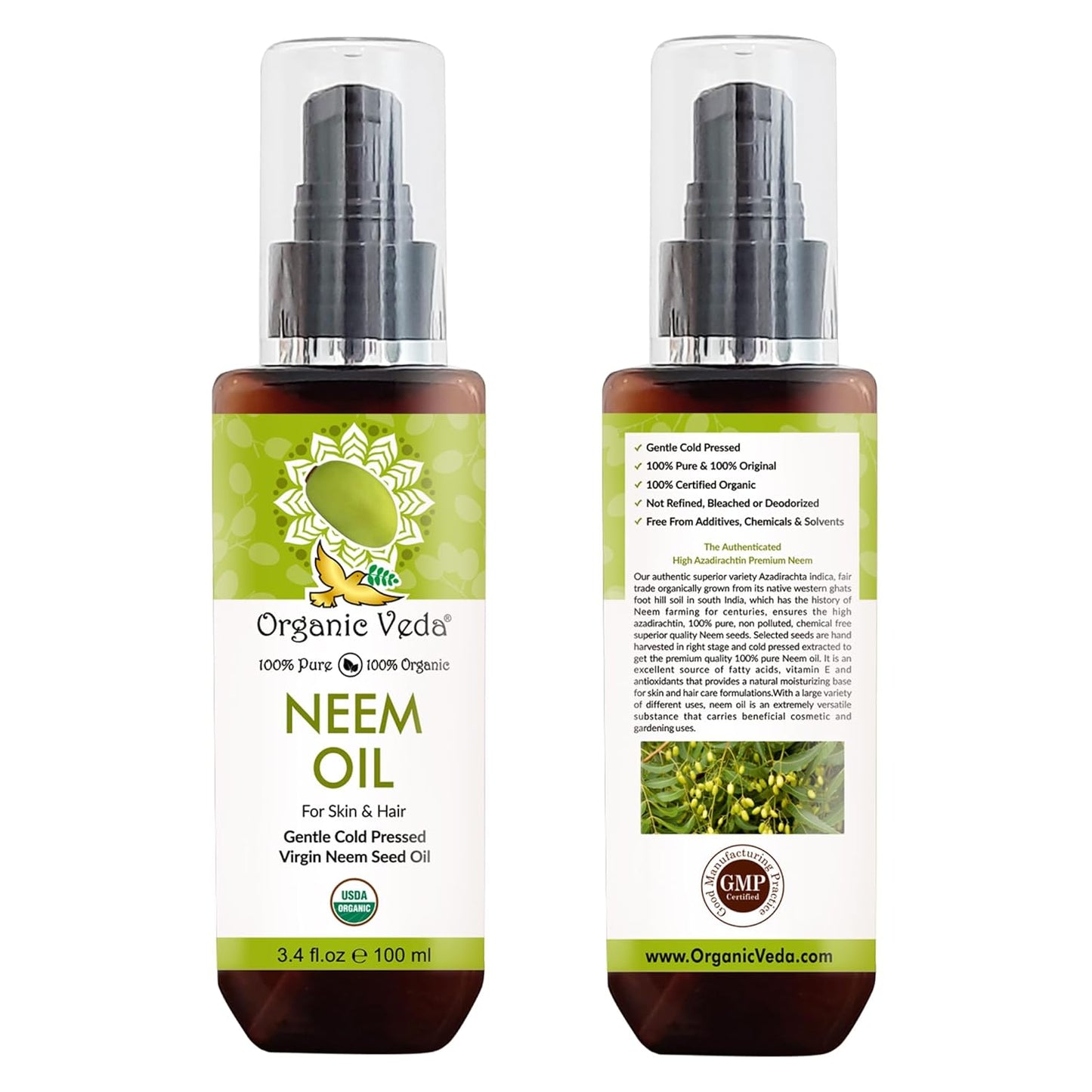 Organic Veda Neem Oil - Cold Pressed Natural Moisturizer for Skin, Hair, Face, Body - 3.4 fl oz