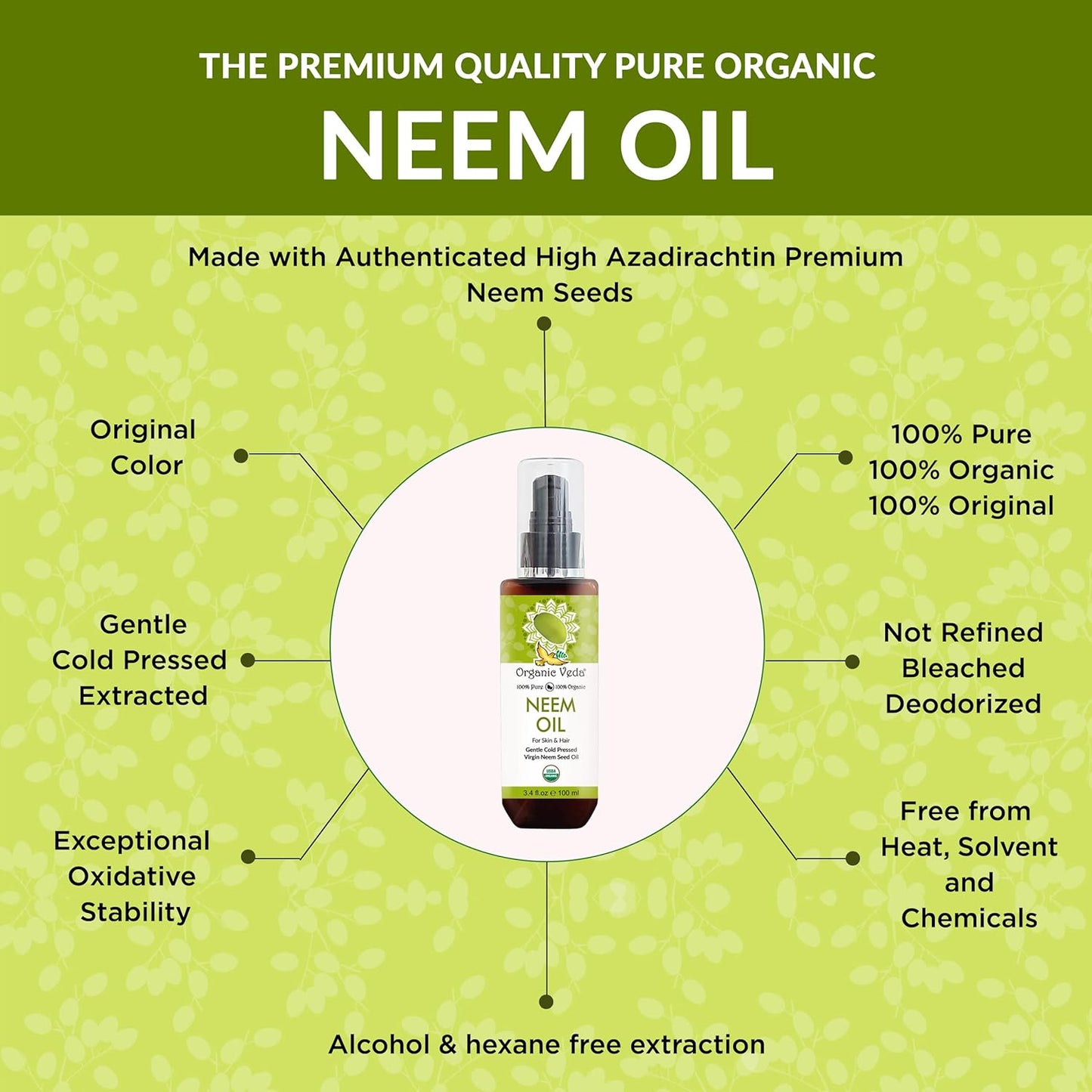 Organic Veda Neem Oil - Cold Pressed Natural Moisturizer for Skin, Hair, Face, Body - 3.4 fl oz