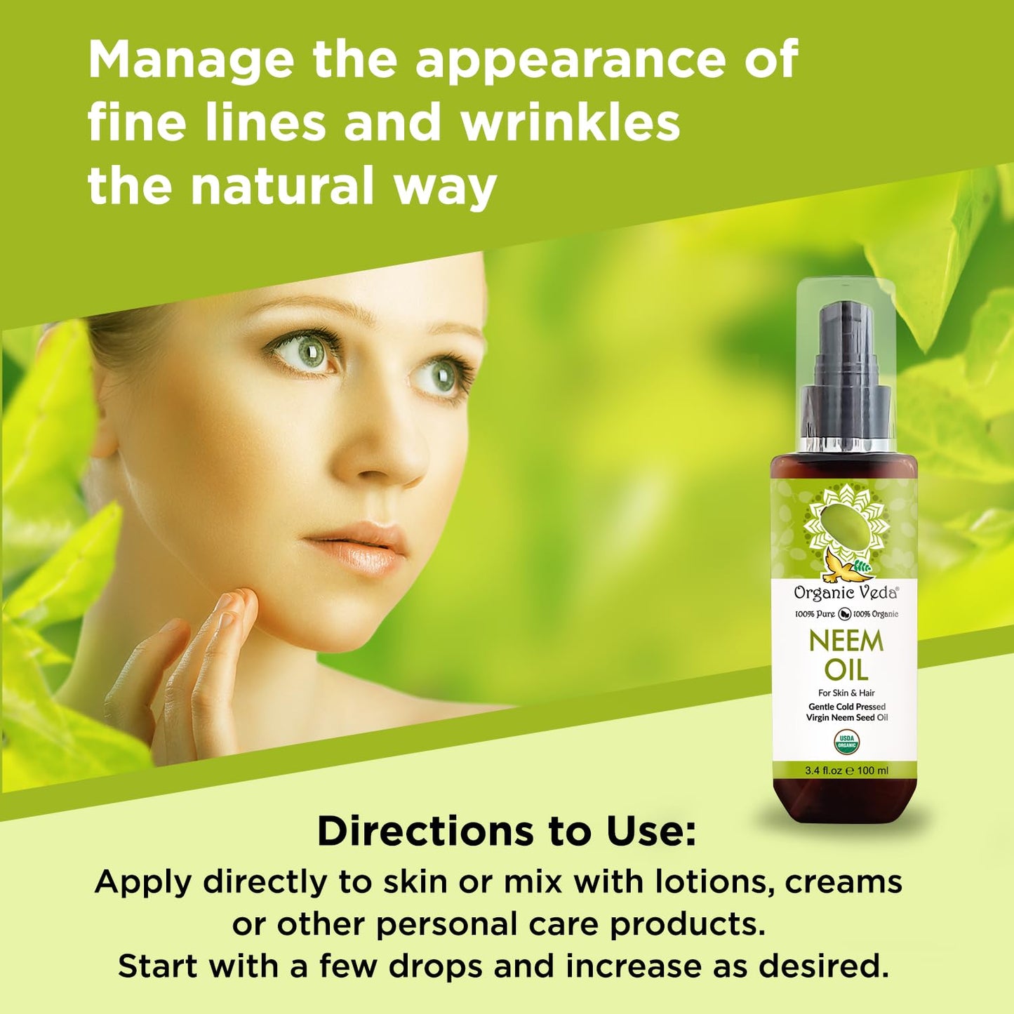 Organic Veda Neem Oil - Cold Pressed Natural Moisturizer for Skin, Hair, Face, Body - 3.4 fl oz