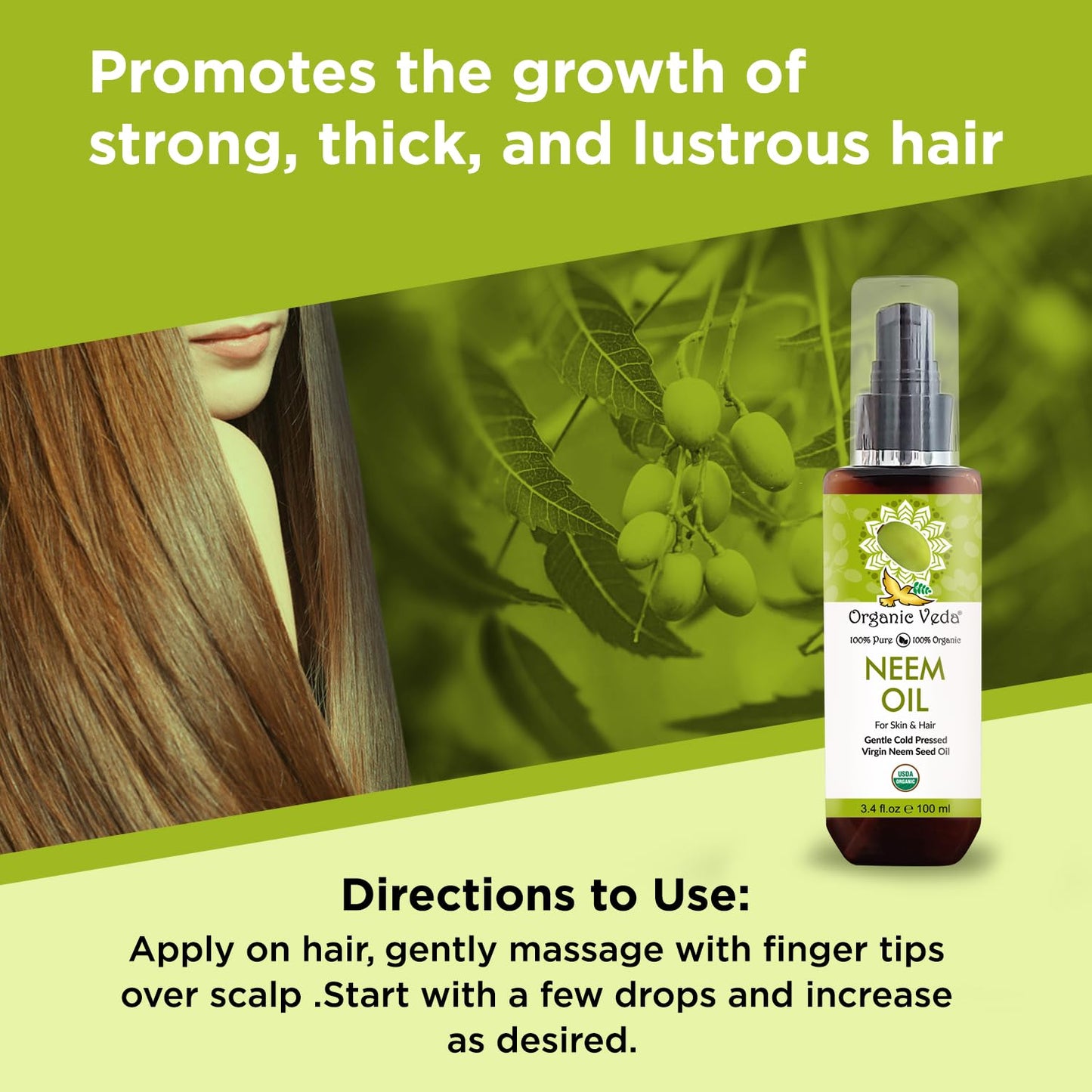 Organic Veda Neem Oil - Cold Pressed Natural Moisturizer for Skin, Hair, Face, Body - 3.4 fl oz