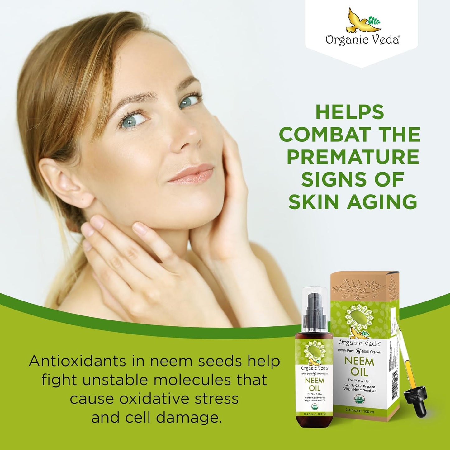 Organic Veda Neem Oil - Cold Pressed Natural Moisturizer for Skin, Hair, Face, Body - 3.4 fl oz