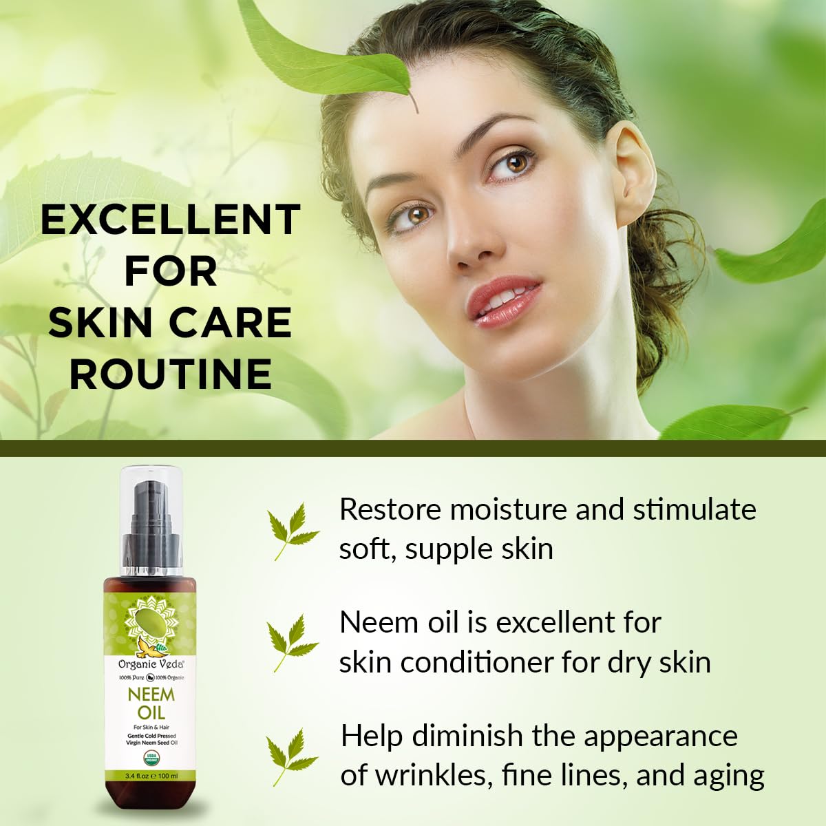Organic Veda Neem Oil - Cold Pressed Natural Moisturizer for Skin, Hair, Face, Body - 3.4 fl oz