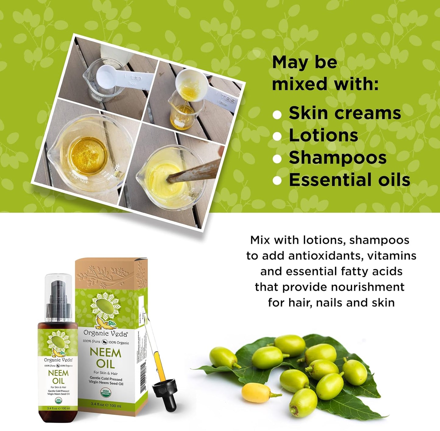 Organic Veda Neem Oil - Cold Pressed Natural Moisturizer for Skin, Hair, Face, Body - 3.4 fl oz
