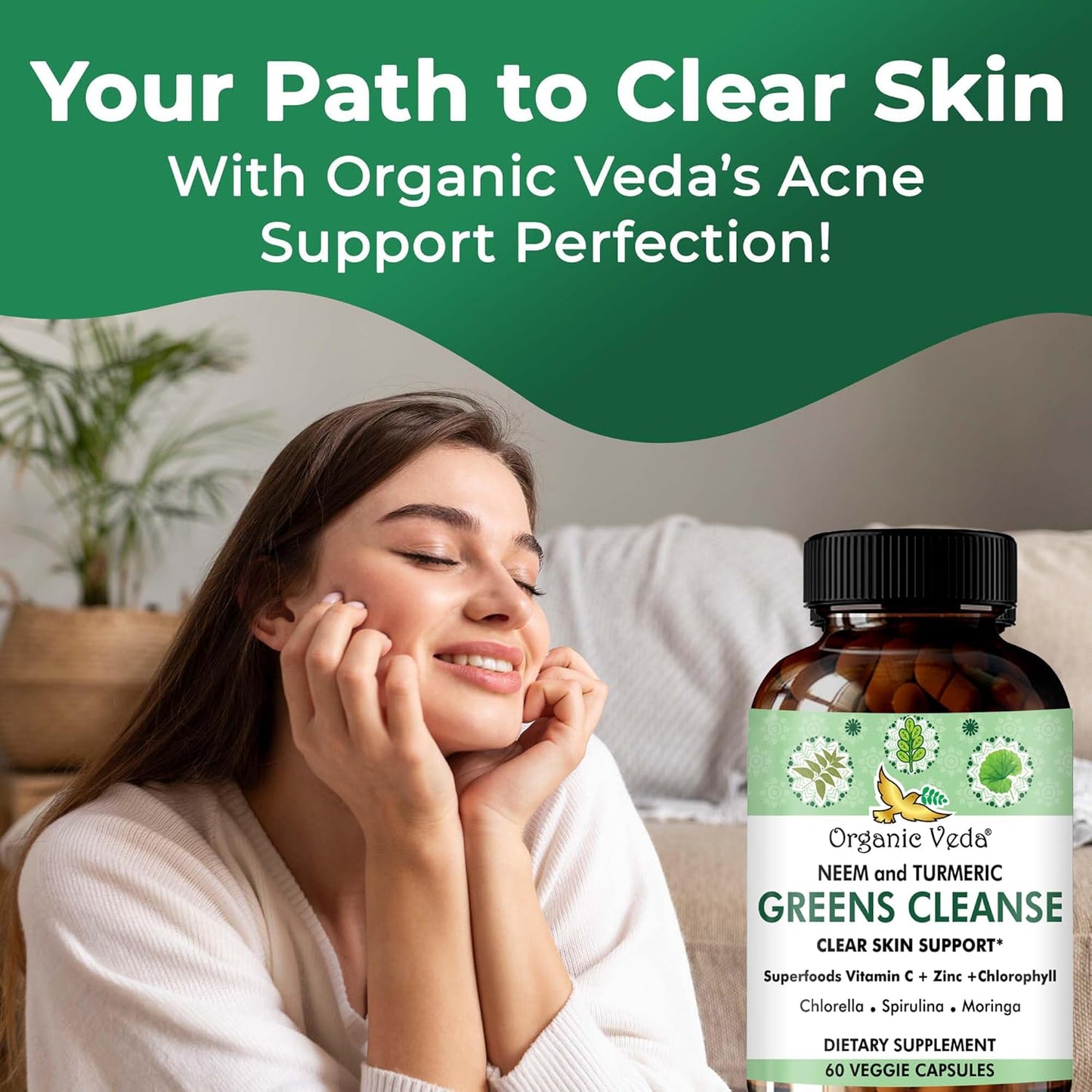 Organic Veda Neem & Turmeric Green Cleanse Supplement - Liver Health Support - Skin Glow - 60 Capsules