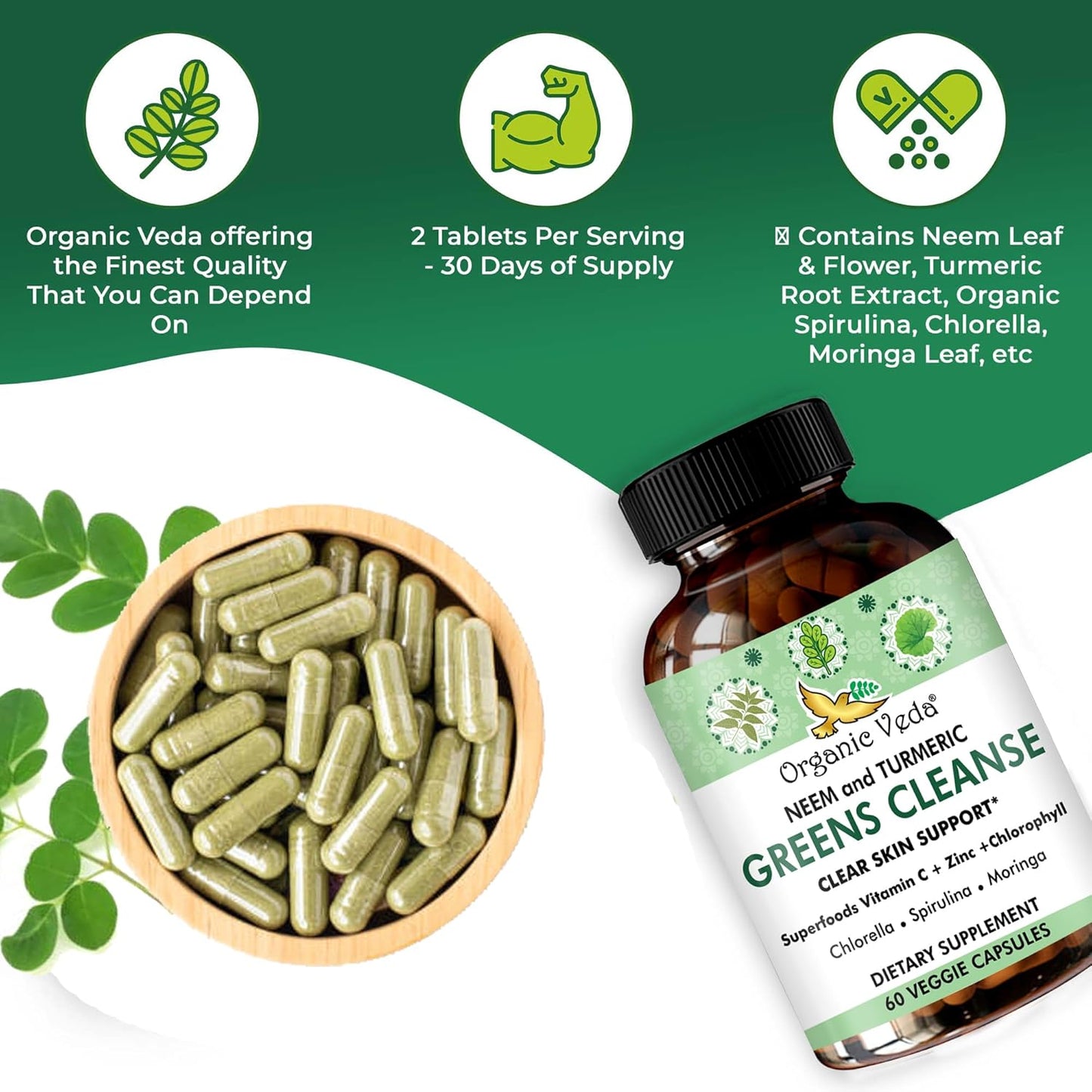 Organic Veda Neem & Turmeric Green Cleanse Supplement - Liver Health Support - Skin Glow - 60 Capsules