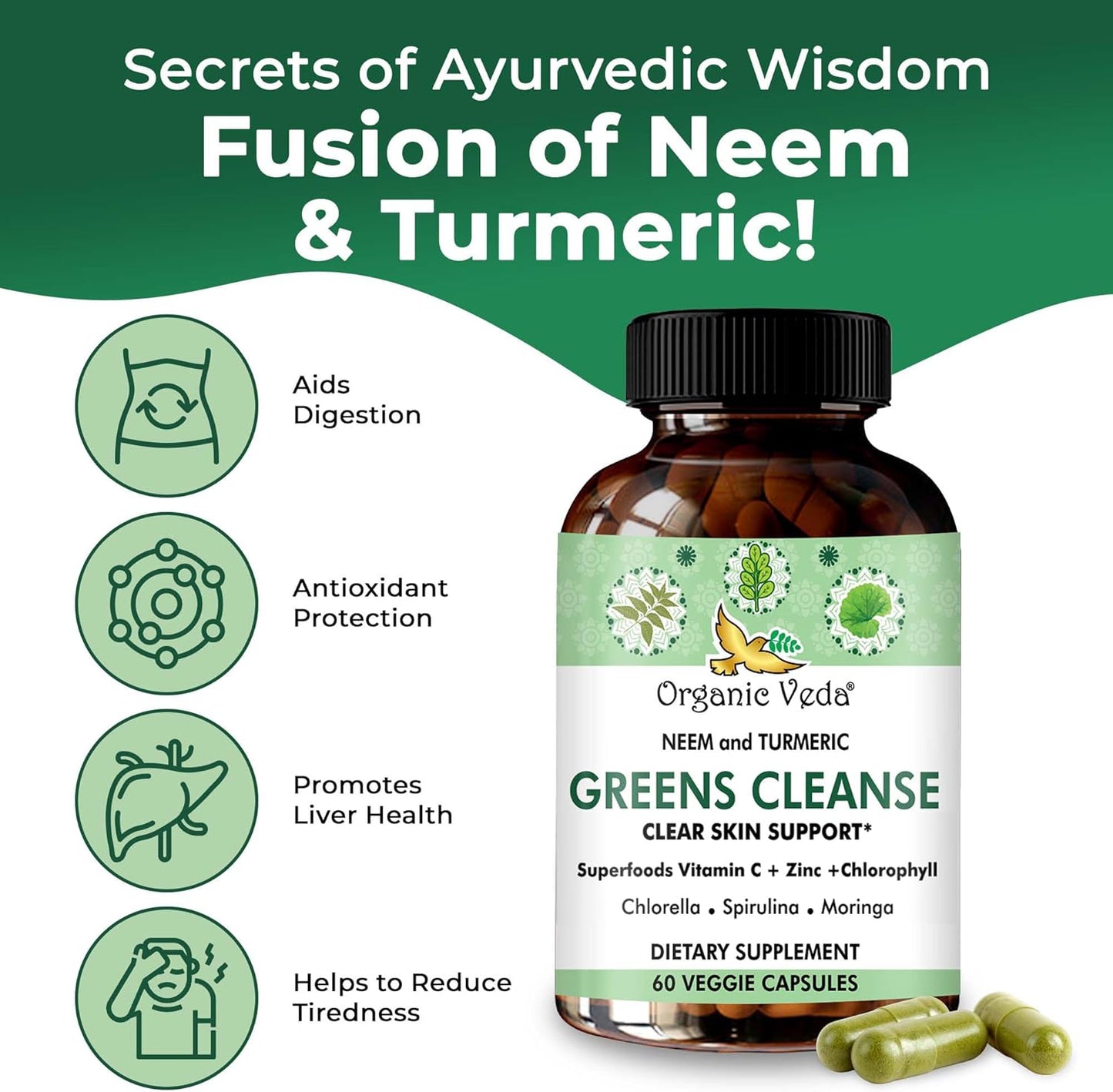 Organic Veda Neem & Turmeric Green Cleanse Supplement - Liver Health Support - Skin Glow - 60 Capsules