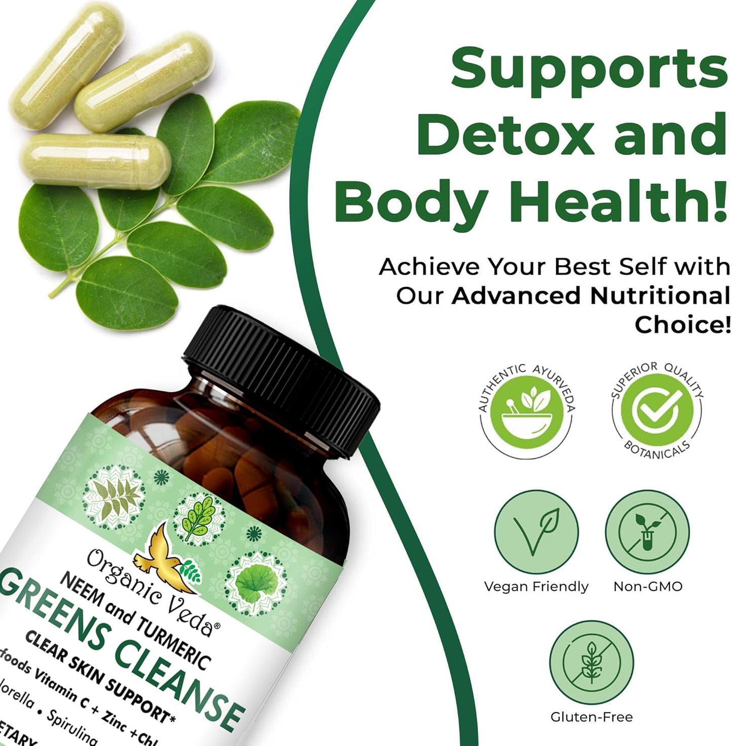 Organic Veda Neem & Turmeric Green Cleanse Supplement - Liver Health Support - Skin Glow - 60 Capsules