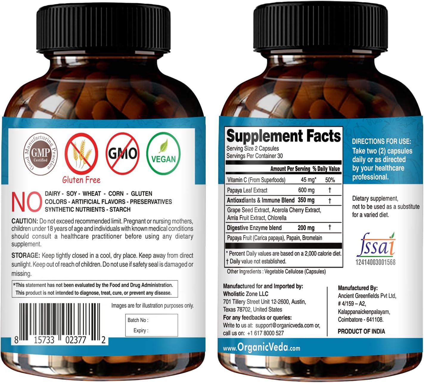 Organic Veda Papaya Leaf Plus Supplement with Digestive Enzymes & Vitamin C - Boost Blood Platelets & Immune System - 60 Capsules