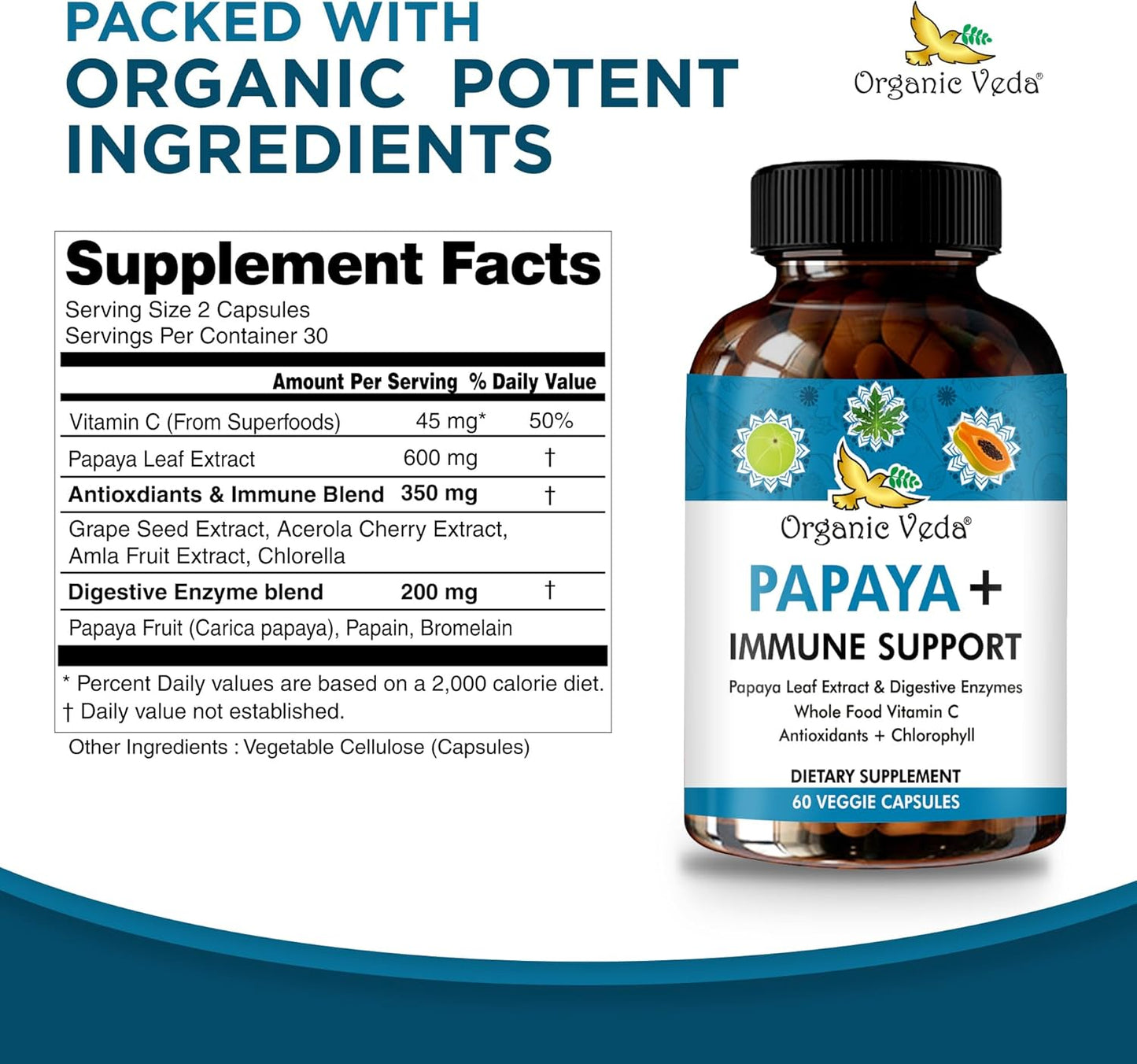 Organic Veda Papaya Leaf Plus Supplement with Digestive Enzymes & Vitamin C - Boost Blood Platelets & Immune System - 60 Capsules