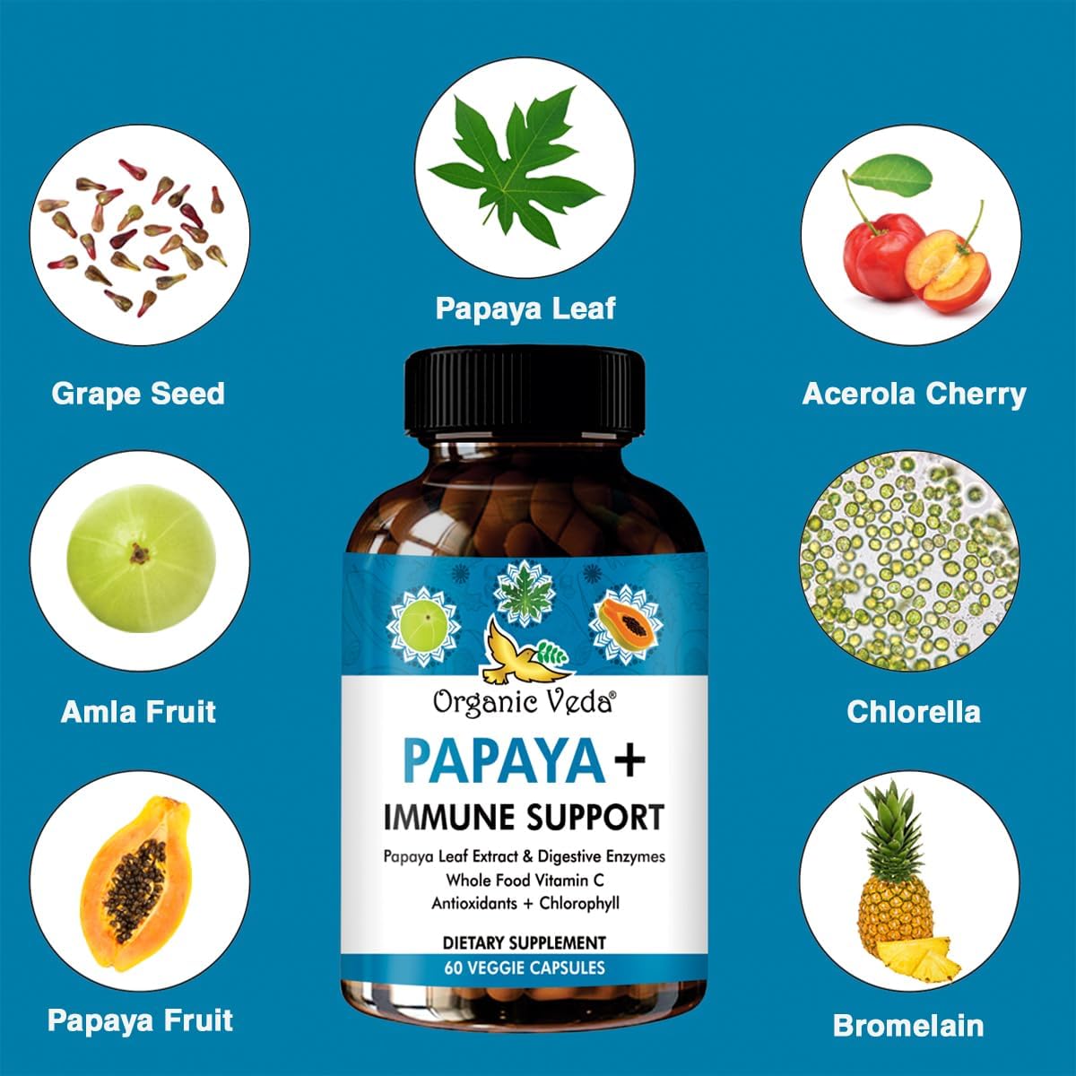 Organic Veda Papaya Leaf Plus Supplement with Digestive Enzymes & Vitamin C - Boost Blood Platelets & Immune System - 60 Capsules