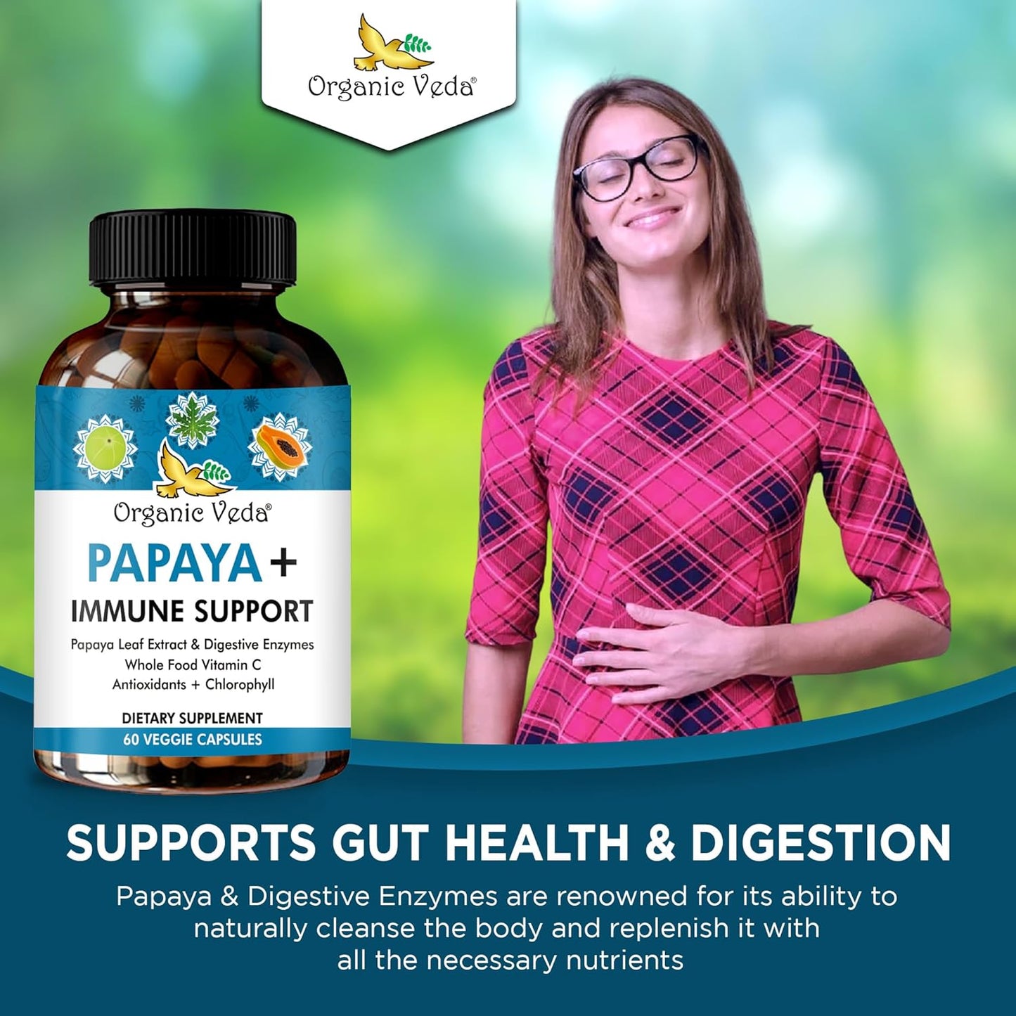 Organic Veda Papaya Leaf Plus Supplement with Digestive Enzymes & Vitamin C - Boost Blood Platelets & Immune System - 60 Capsules