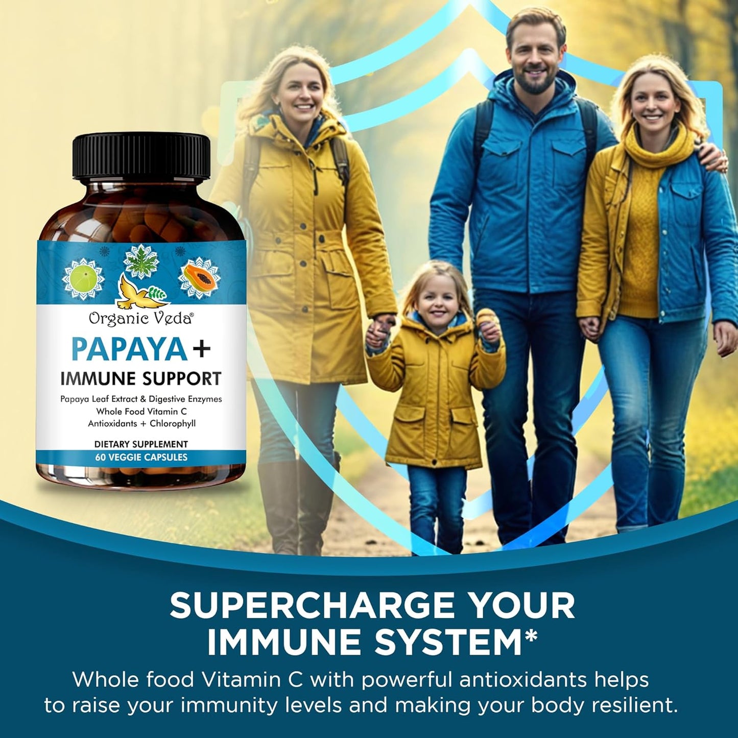 Organic Veda Papaya Leaf Plus Supplement with Digestive Enzymes & Vitamin C - Boost Blood Platelets & Immune System - 60 Capsules