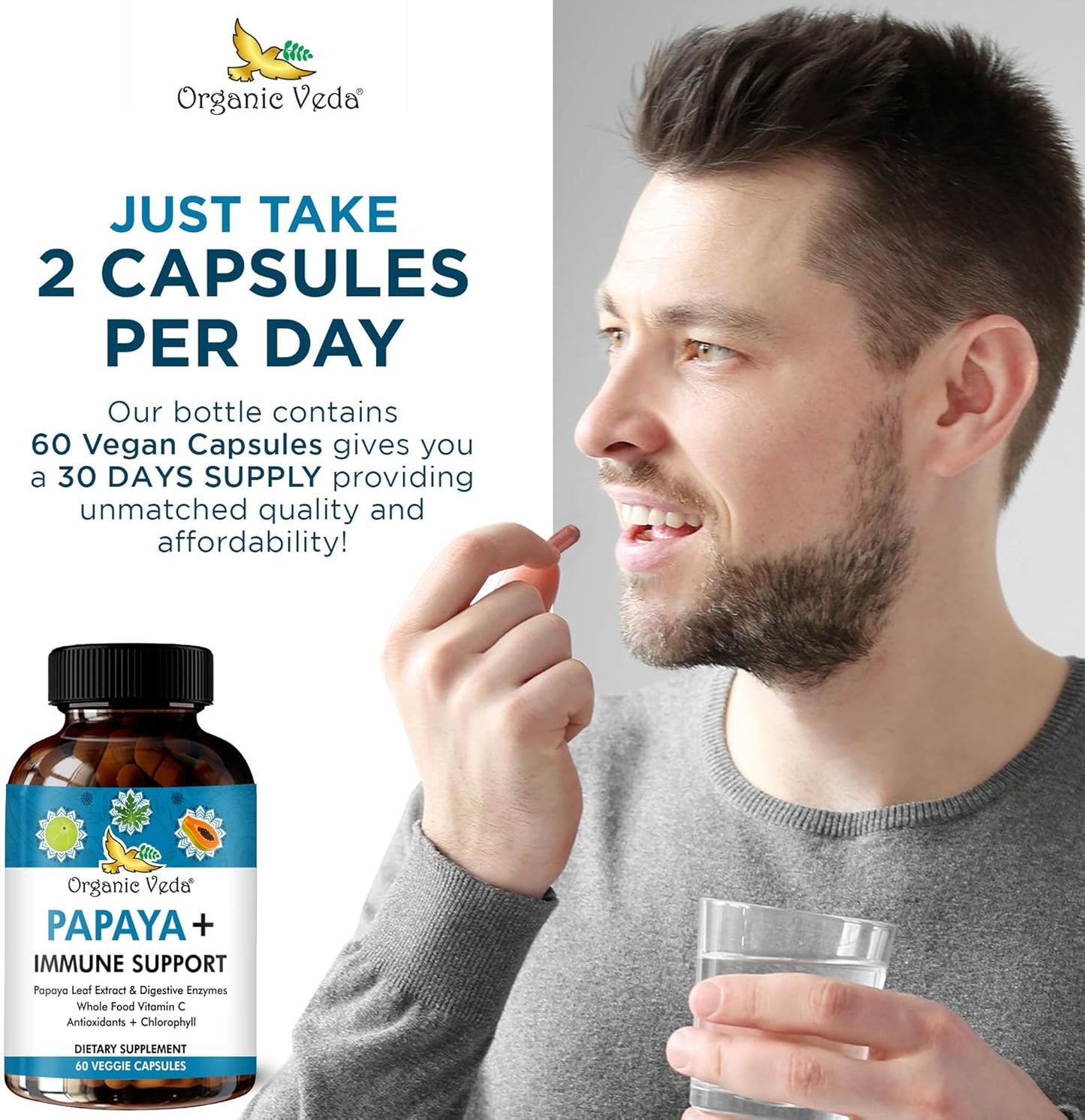 Organic Veda Papaya Leaf Plus Supplement with Digestive Enzymes & Vitamin C - Boost Blood Platelets & Immune System - 60 Capsules
