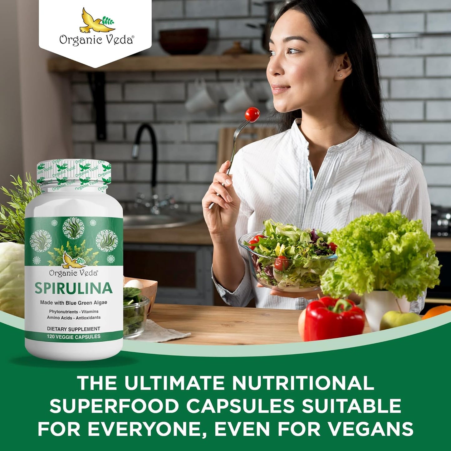 Organic Veda Spirulina Capsules - Blue Green Algae Superfood for Immune Support - 120 Veggie Capsules
