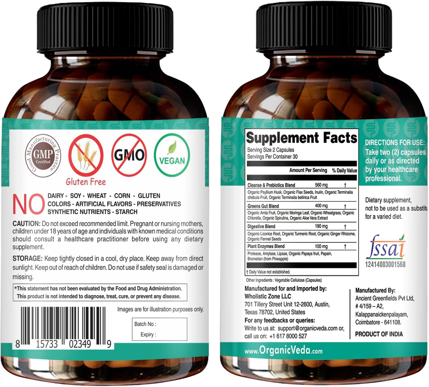 Organic Veda Super Greens Total Gut Health & Digestion Supplement - Colon Cleanse with Superfoods, Turmeric, Papaya, Chlorophyll, Moringa - 60 Capsules