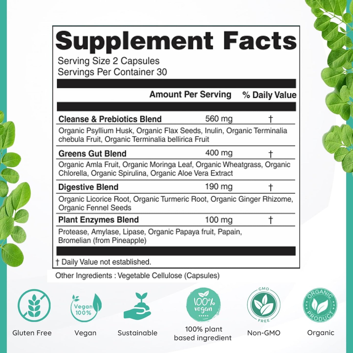 Organic Veda Super Greens Total Gut Health & Digestion Supplement - Colon Cleanse with Superfoods, Turmeric, Papaya, Chlorophyll, Moringa - 60 Capsules