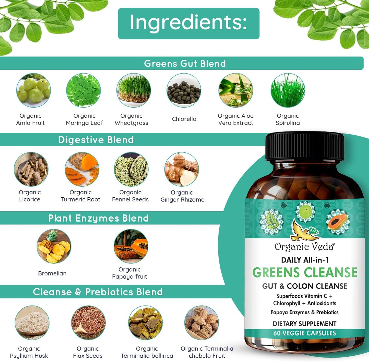 Organic Veda Super Greens Total Gut Health & Digestion Supplement - Colon Cleanse with Superfoods, Turmeric, Papaya, Chlorophyll, Moringa - 60 Capsules