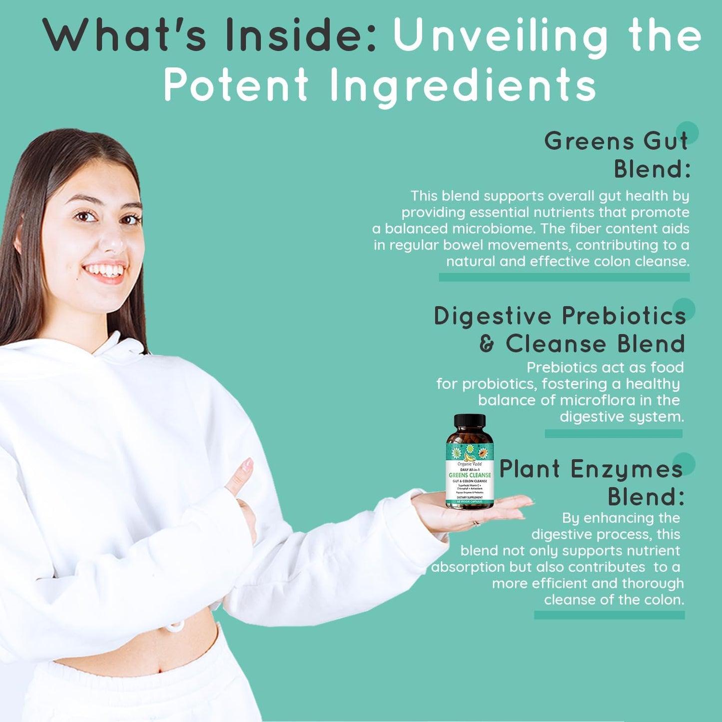 Organic Veda Super Greens Total Gut Health & Digestion Supplement - Colon Cleanse with Superfoods, Turmeric, Papaya, Chlorophyll, Moringa - 60 Capsules