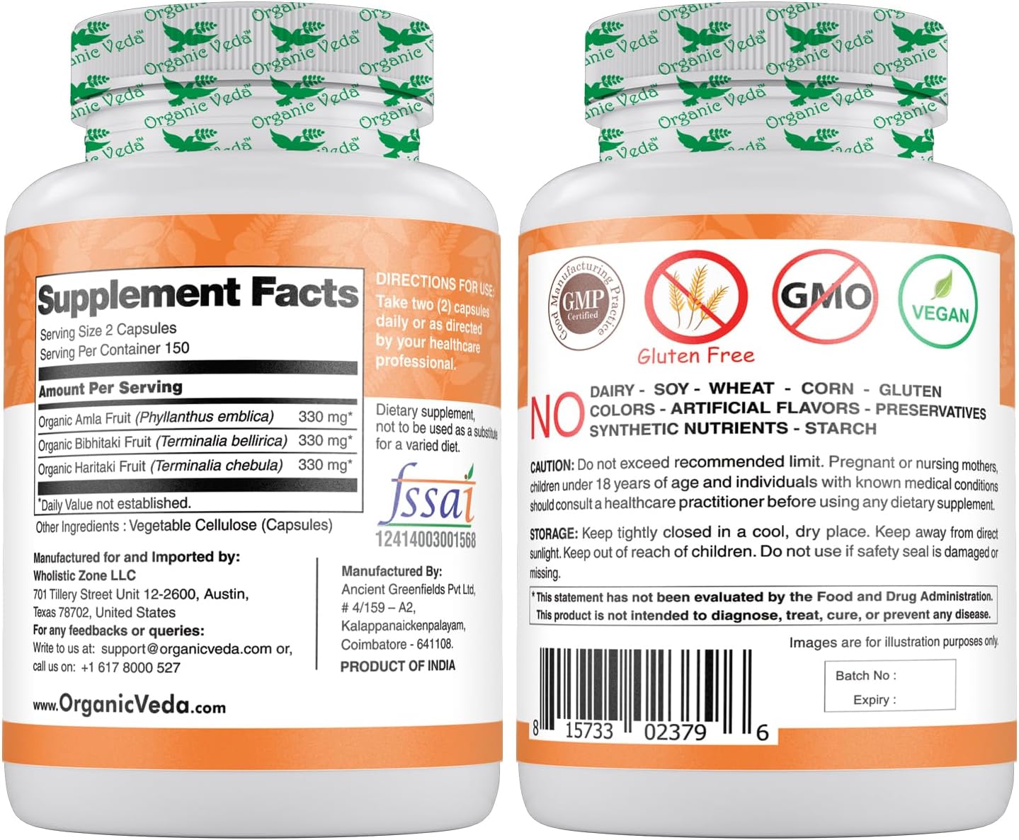 Organic Veda Triphala Powder Capsules - 1000mg Supplement for Colon Cleanse & Digestion - Vegan Antioxidant Pills with Amla, Haritaki, & Bibhitaki
