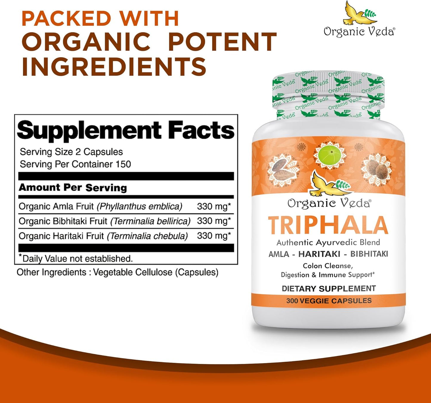 Organic Veda Triphala Powder Capsules - 1000mg Supplement for Colon Cleanse & Digestion - Vegan Antioxidant Pills with Amla, Haritaki, & Bibhitaki