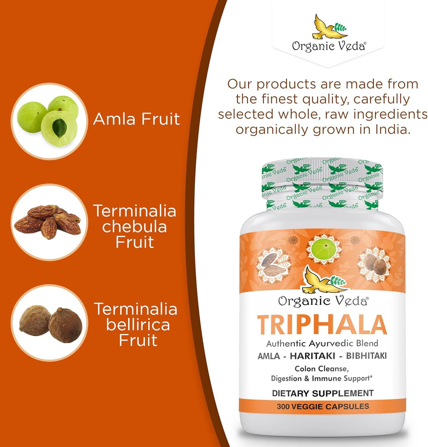 Organic Veda Triphala Powder Capsules - 1000mg Supplement for Colon Cleanse & Digestion - Vegan Antioxidant Pills with Amla, Haritaki, & Bibhitaki