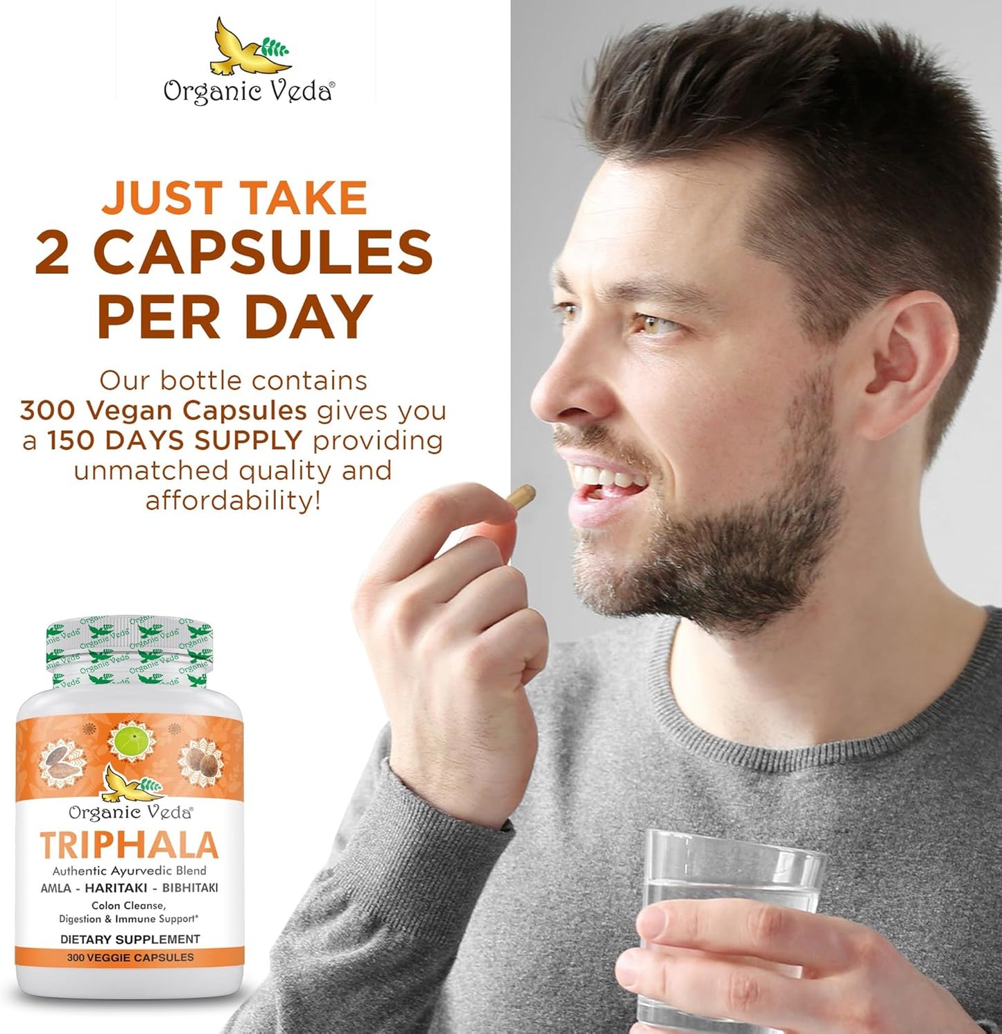 Organic Veda Triphala Powder Capsules - 1000mg Supplement for Colon Cleanse & Digestion - Vegan Antioxidant Pills with Amla, Haritaki, & Bibhitaki