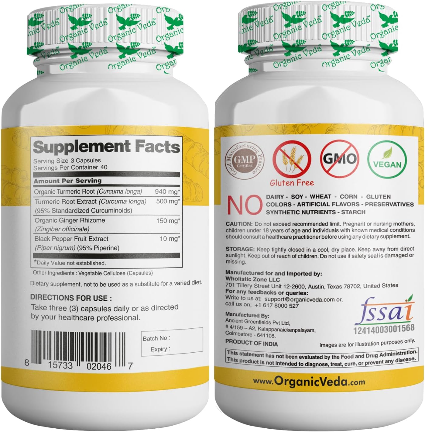 Organic Veda Turmeric and Ginger Capsules - 120 Pills, Joint Support Supplement with Black Pepper - Non GMO, Gluten Free, High Curcuminoids
