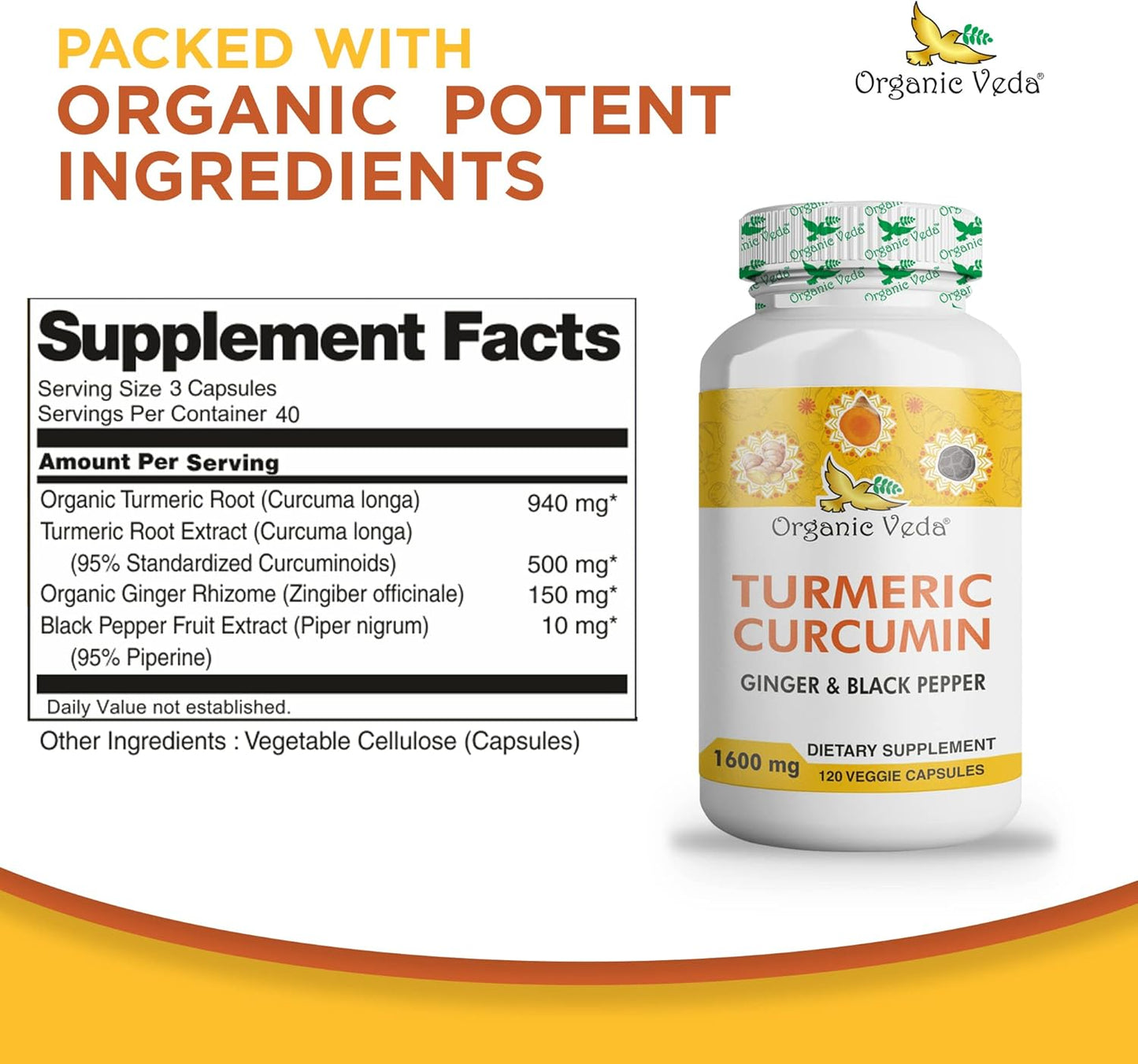 Organic Veda Turmeric and Ginger Capsules - 120 Pills, Joint Support Supplement with Black Pepper - Non GMO, Gluten Free, High Curcuminoids