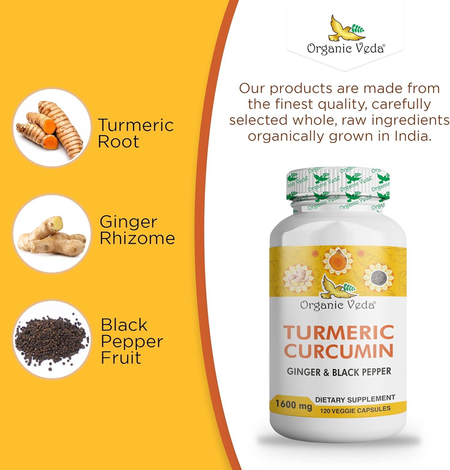 Organic Veda Turmeric and Ginger Capsules - 120 Pills, Joint Support Supplement with Black Pepper - Non GMO, Gluten Free, High Curcuminoids
