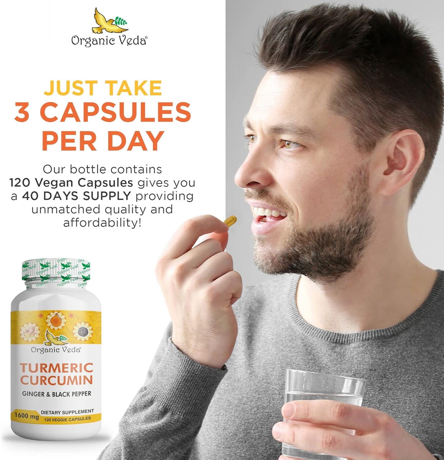 Organic Veda Turmeric and Ginger Capsules - 120 Pills, Joint Support Supplement with Black Pepper - Non GMO, Gluten Free, High Curcuminoids