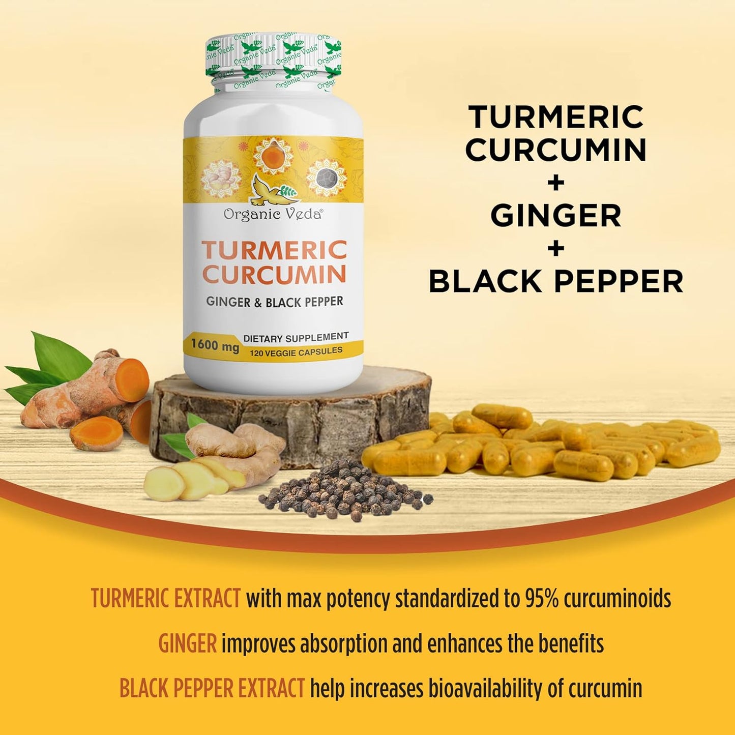 Organic Veda Turmeric and Ginger Capsules - 120 Pills, Joint Support Supplement with Black Pepper - Non GMO, Gluten Free, High Curcuminoids