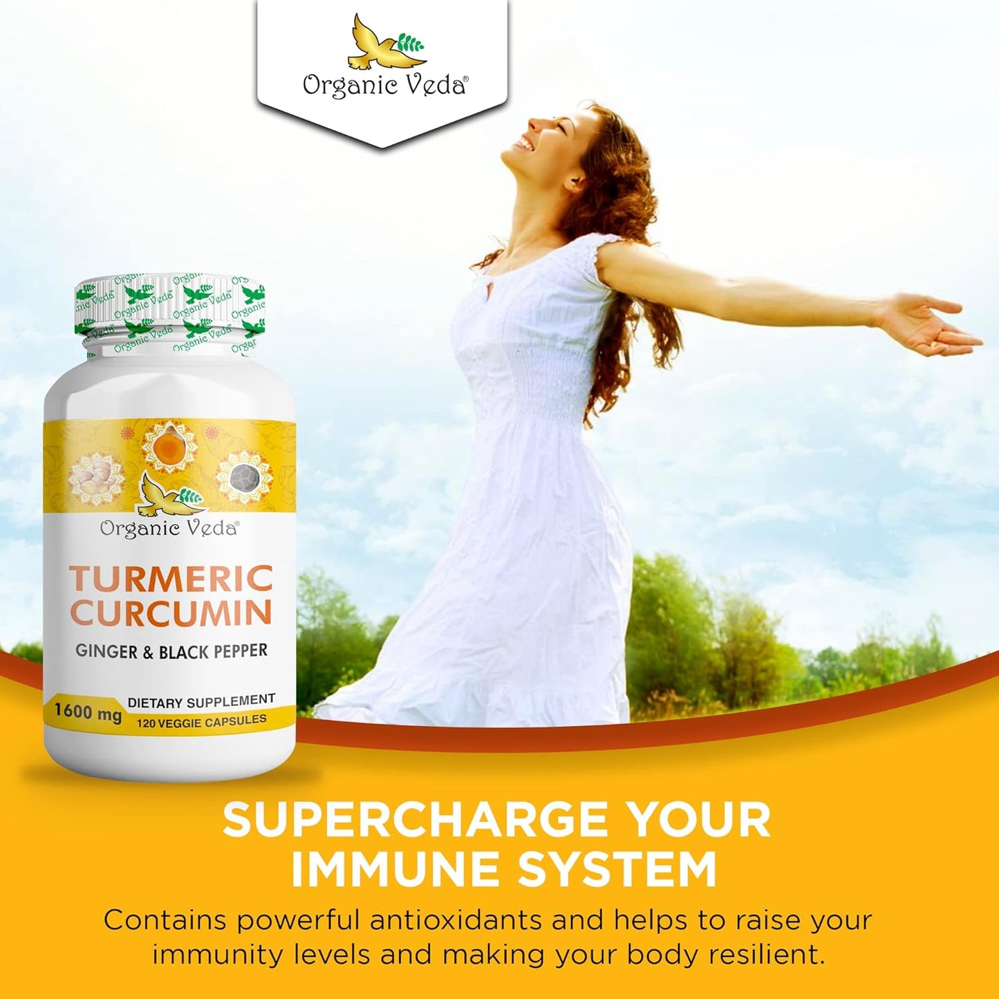 Organic Veda Turmeric and Ginger Capsules - 120 Pills, Joint Support Supplement with Black Pepper - Non GMO, Gluten Free, High Curcuminoids