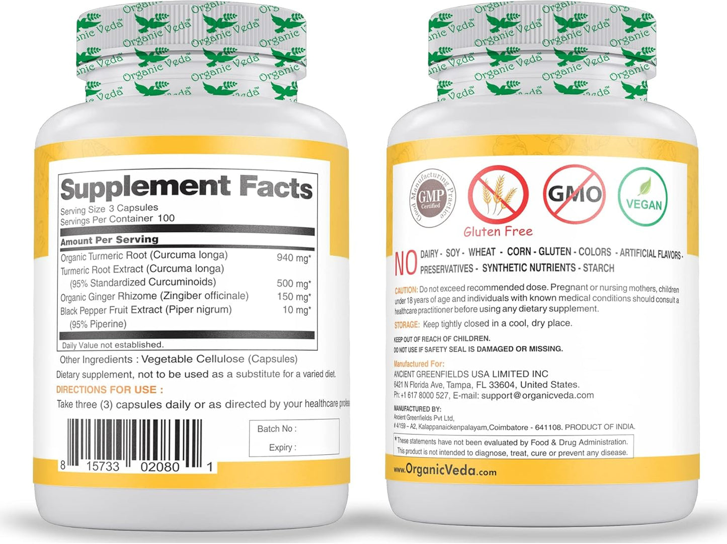 Organic Veda Turmeric and Ginger Capsules - 300 Pills of Turmeric Curcumin with Black Pepper - Joint Support Supplement - Non GMO, Gluten Free (95% Curcuminoids)
