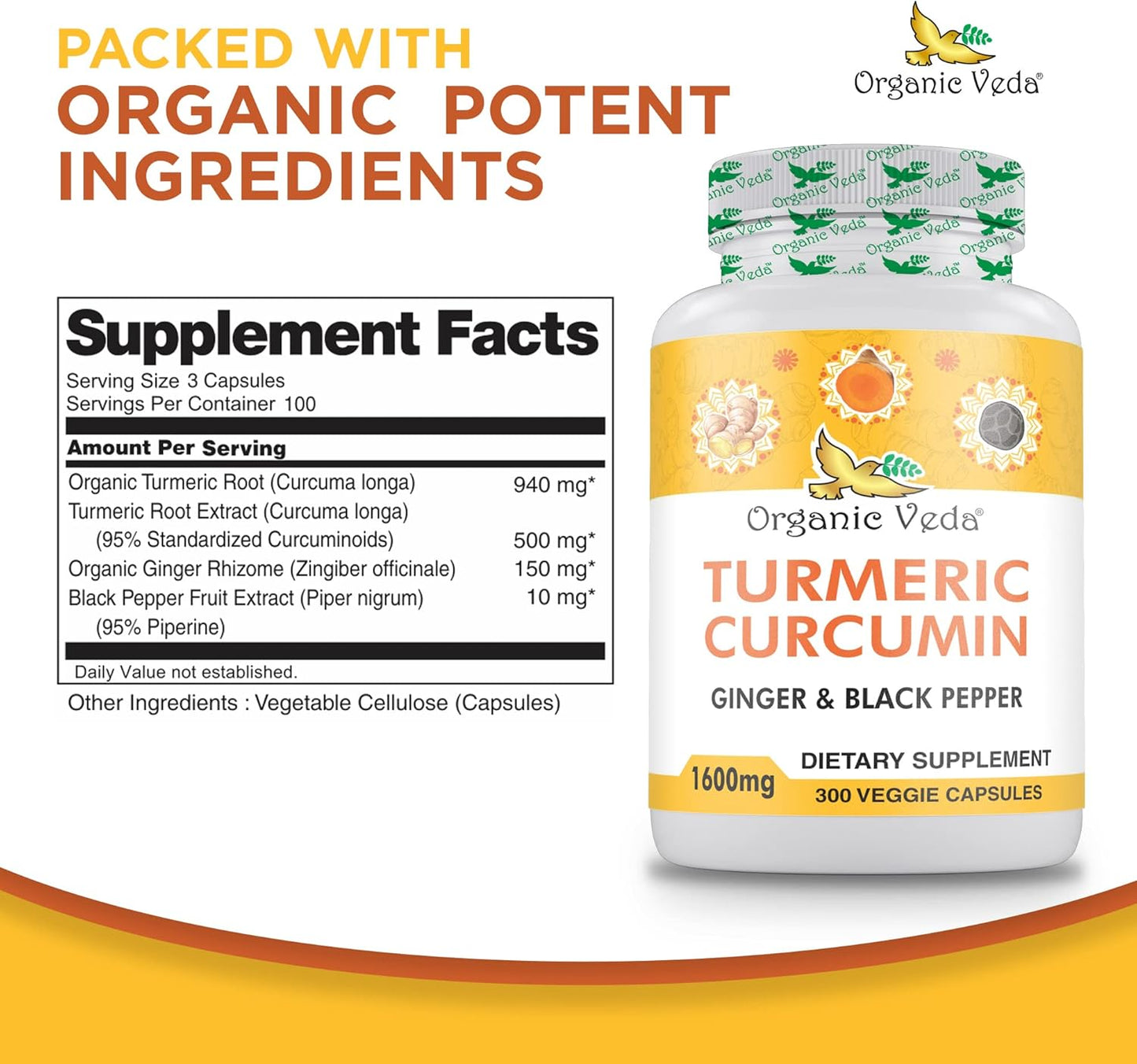 Organic Veda Turmeric and Ginger Capsules - 300 Pills of Turmeric Curcumin with Black Pepper - Joint Support Supplement - Non GMO, Gluten Free (95% Curcuminoids)