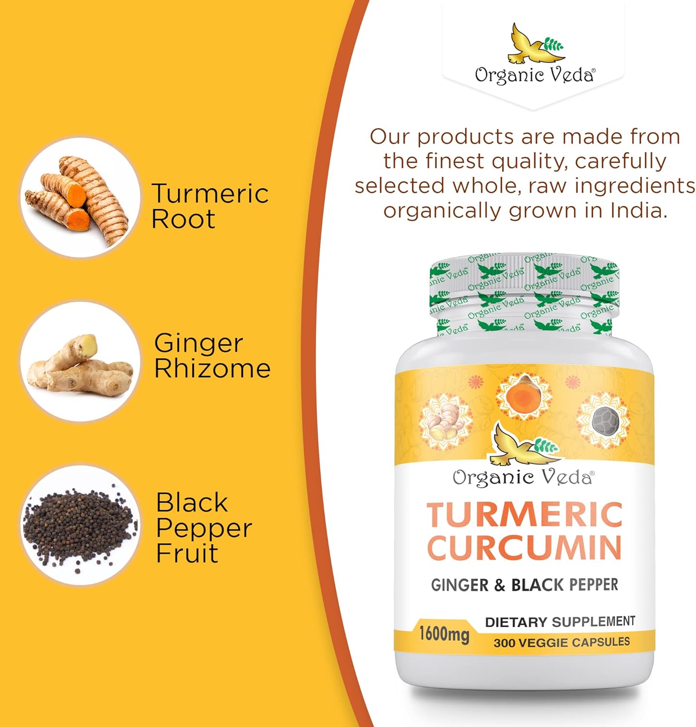 Organic Veda Turmeric and Ginger Capsules - 300 Pills of Turmeric Curcumin with Black Pepper - Joint Support Supplement - Non GMO, Gluten Free (95% Curcuminoids)