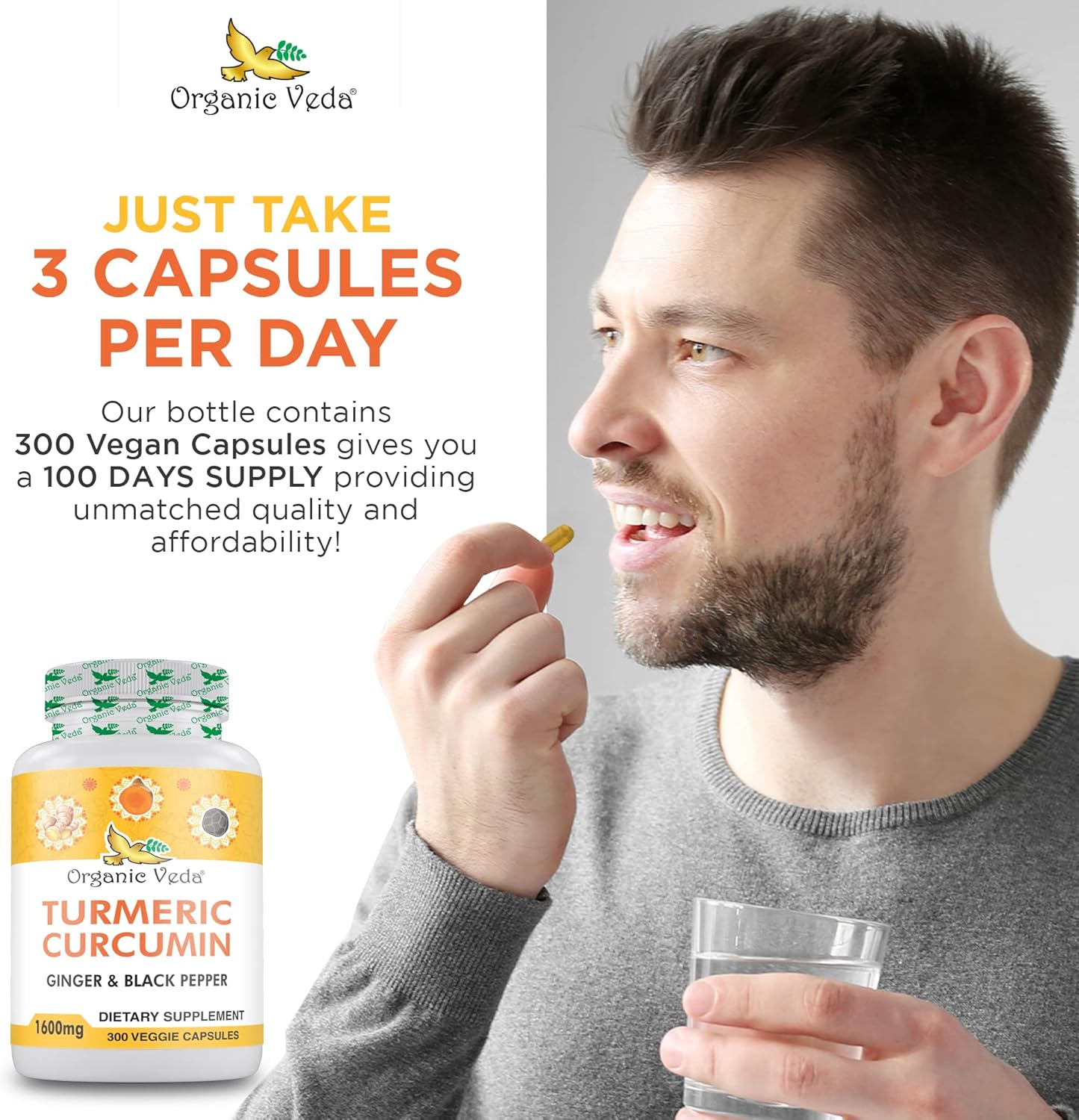 Organic Veda Turmeric and Ginger Capsules - 300 Pills of Turmeric Curcumin with Black Pepper - Joint Support Supplement - Non GMO, Gluten Free (95% Curcuminoids)